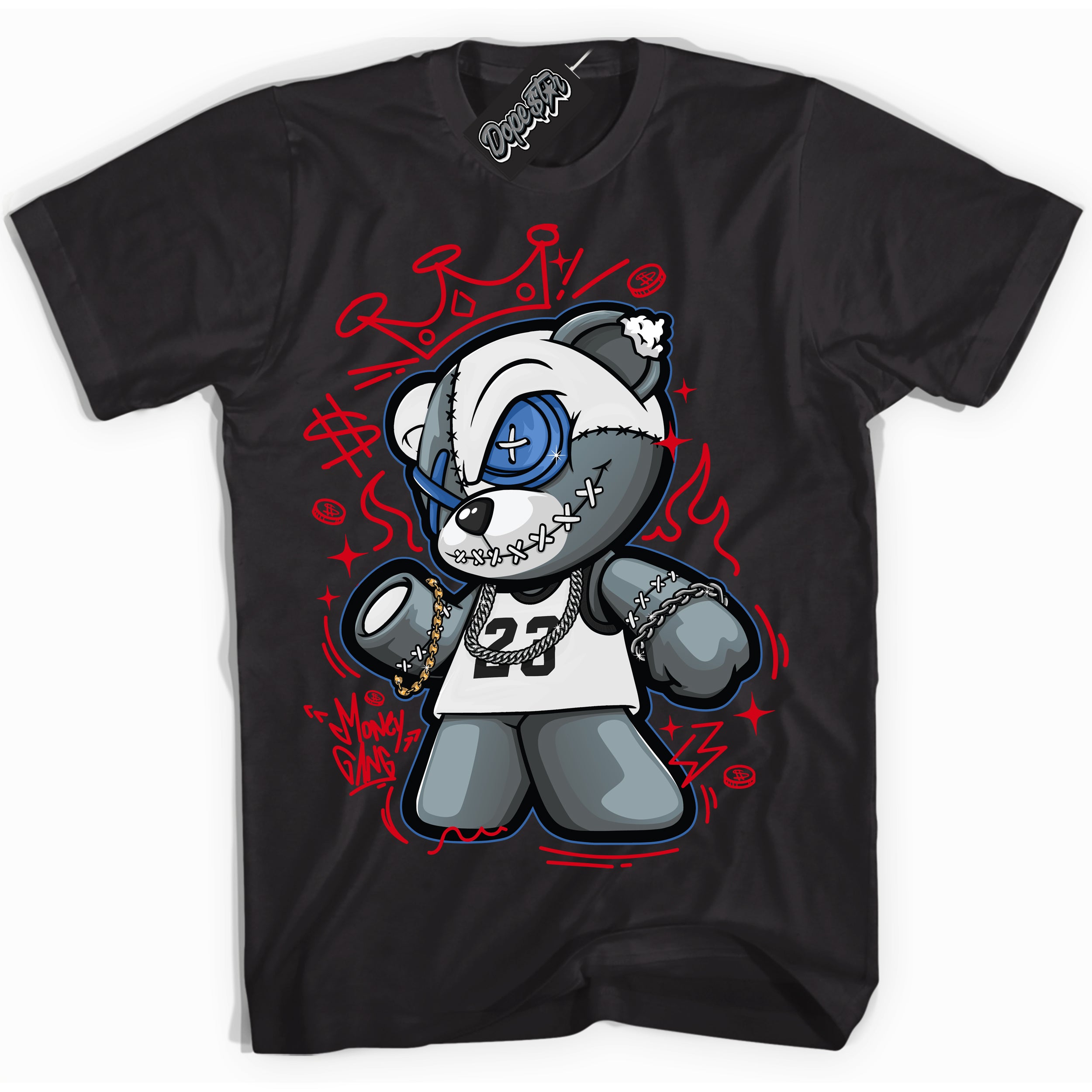 Cool Black Shirt with “ Money Gang Bear” design that perfectly matches Industrial Blue Sashiko 1s Sneakers.
