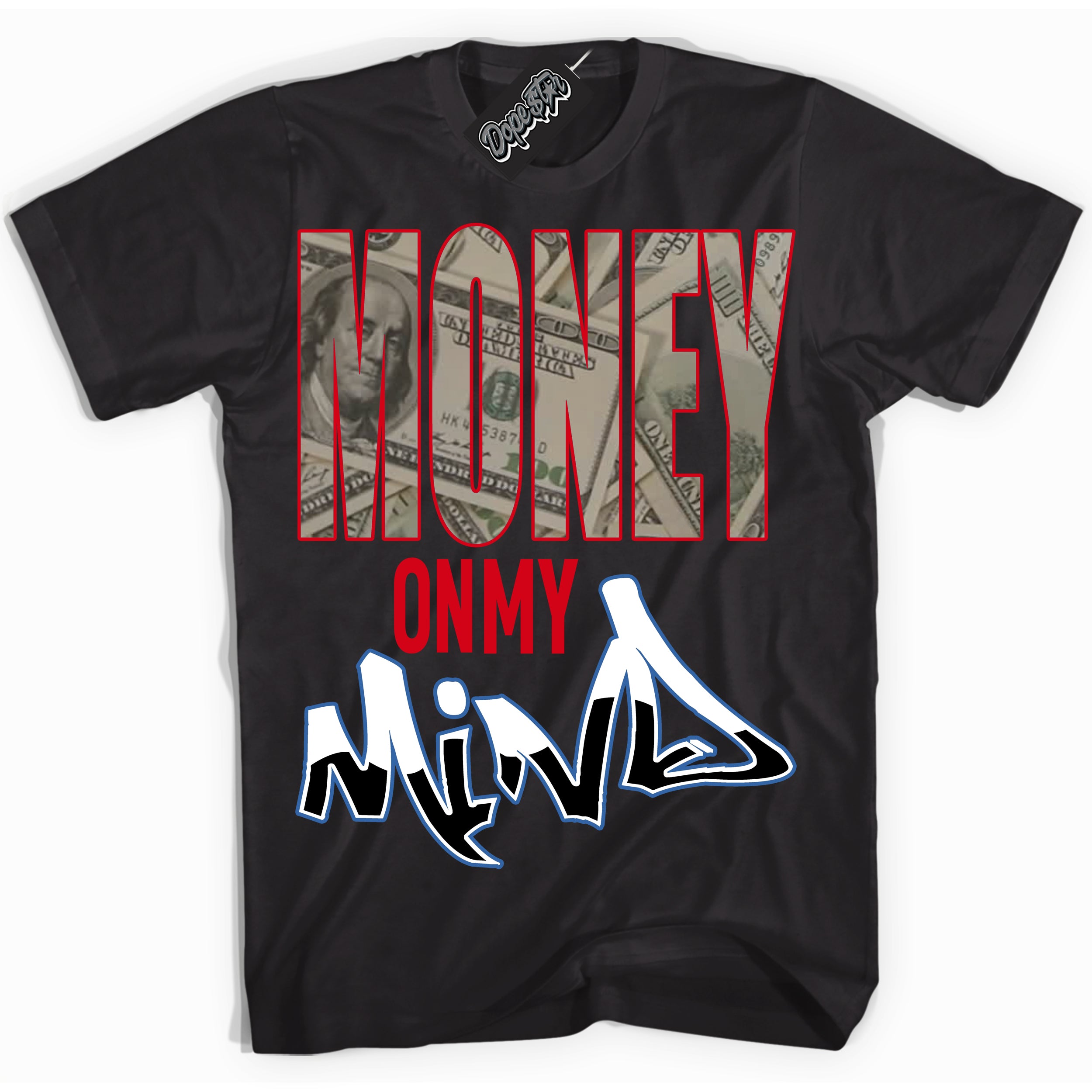 Cool Black Shirt with “ Money On My Mind” design that perfectly matches Industrial Blue Sashiko 1s Sneakers.
