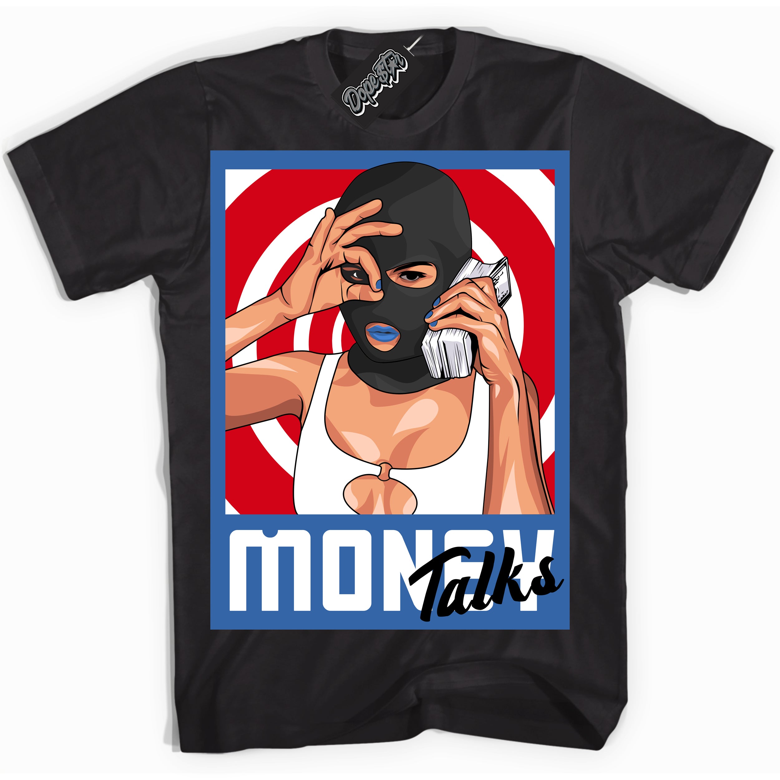 Cool Black Shirt with “ Money Talks” design that perfectly matches Industrial Blue Sashiko 1s Sneakers.
