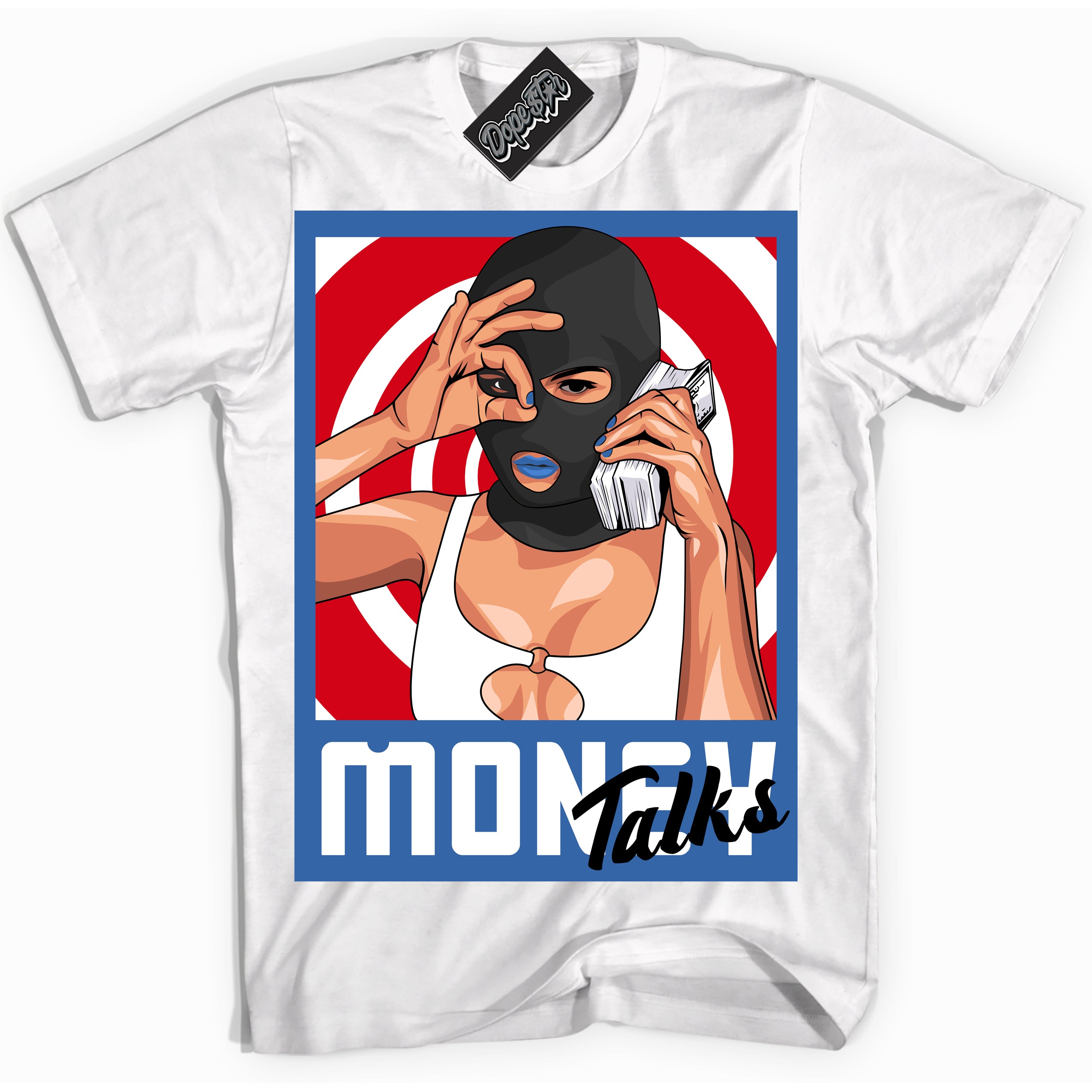 Cool White Shirt with “ Money Talks” design that perfectly matches Industrial Blue Sashiko 1s Sneakers.
