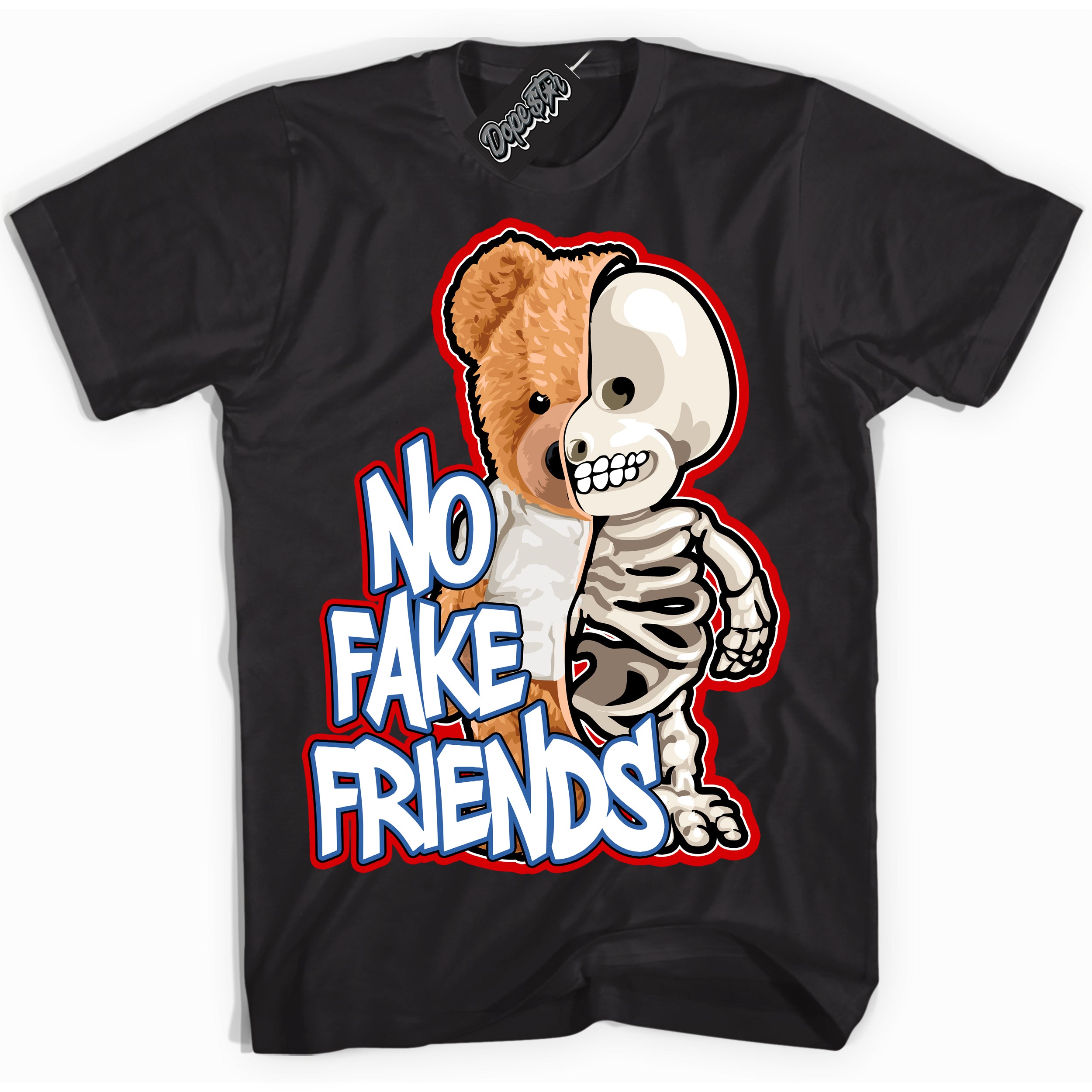 Cool Black Shirt with “ No Fake Friends” design that perfectly matches Industrial Blue Sashiko 1s Sneakers.
