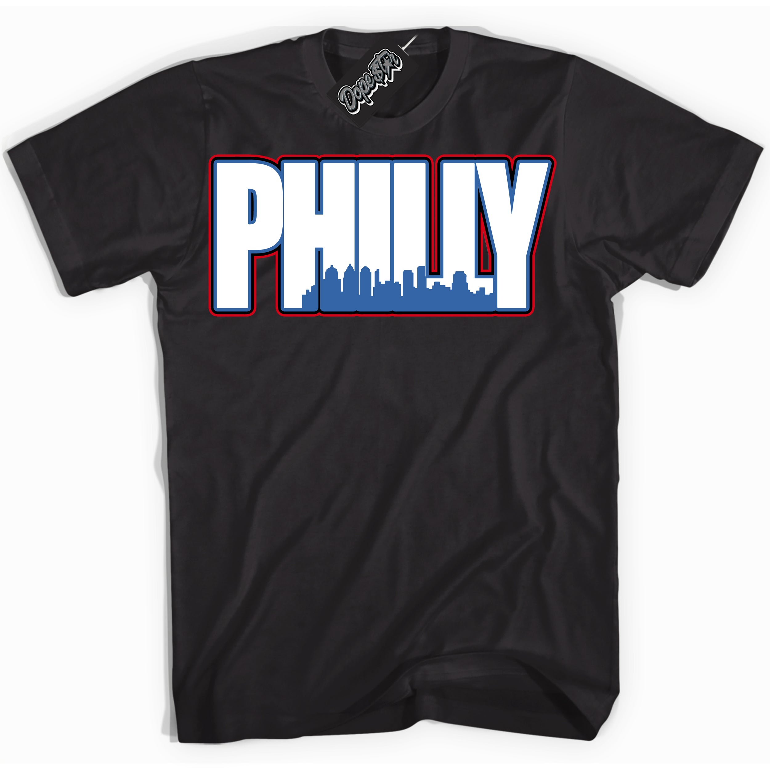 Cool Black Shirt with “ Philly” design that perfectly matches Industrial Blue Sashiko 1s Sneakers.
