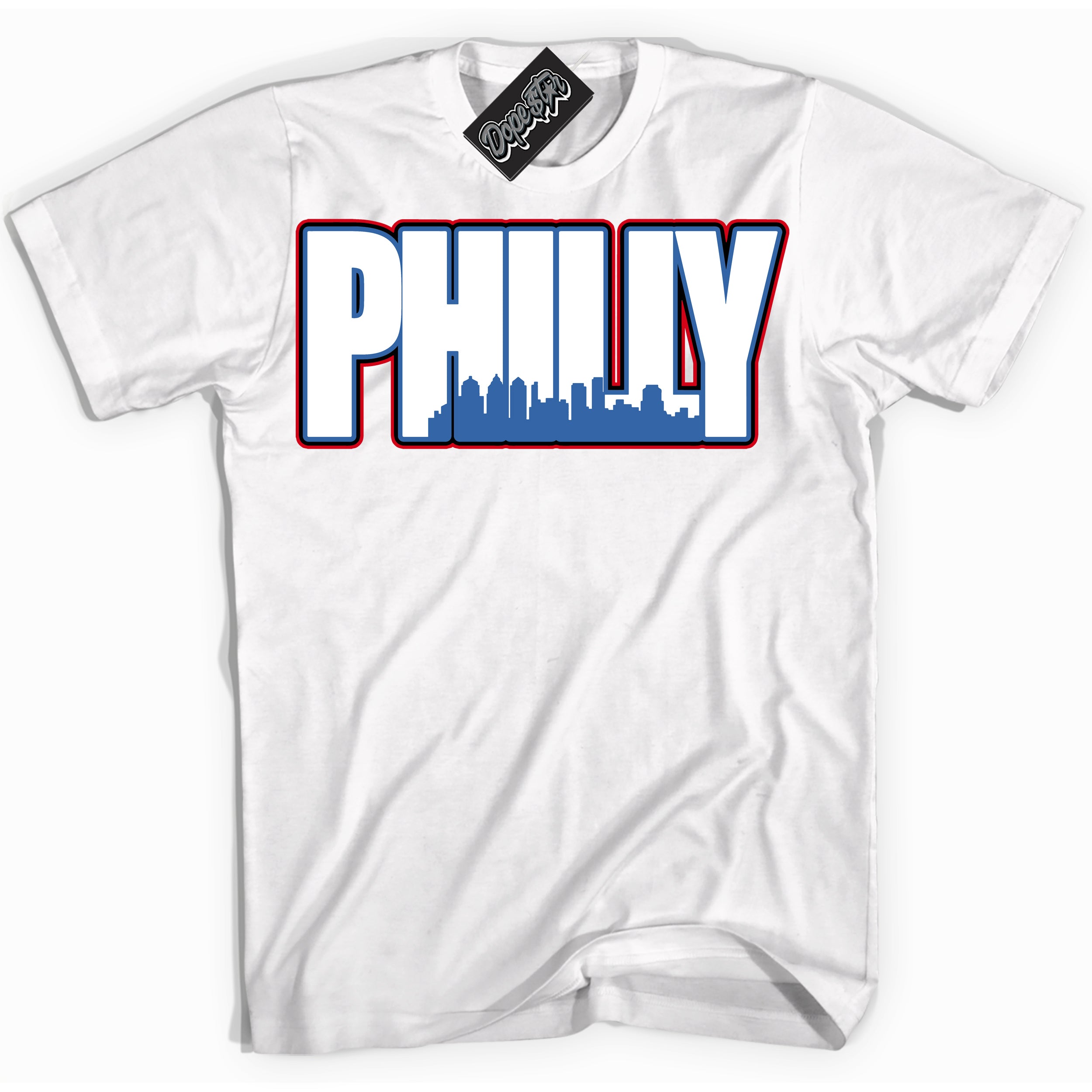 Cool White Shirt with “ Philly” design that perfectly matches Industrial Blue Sashiko 1s Sneakers.
