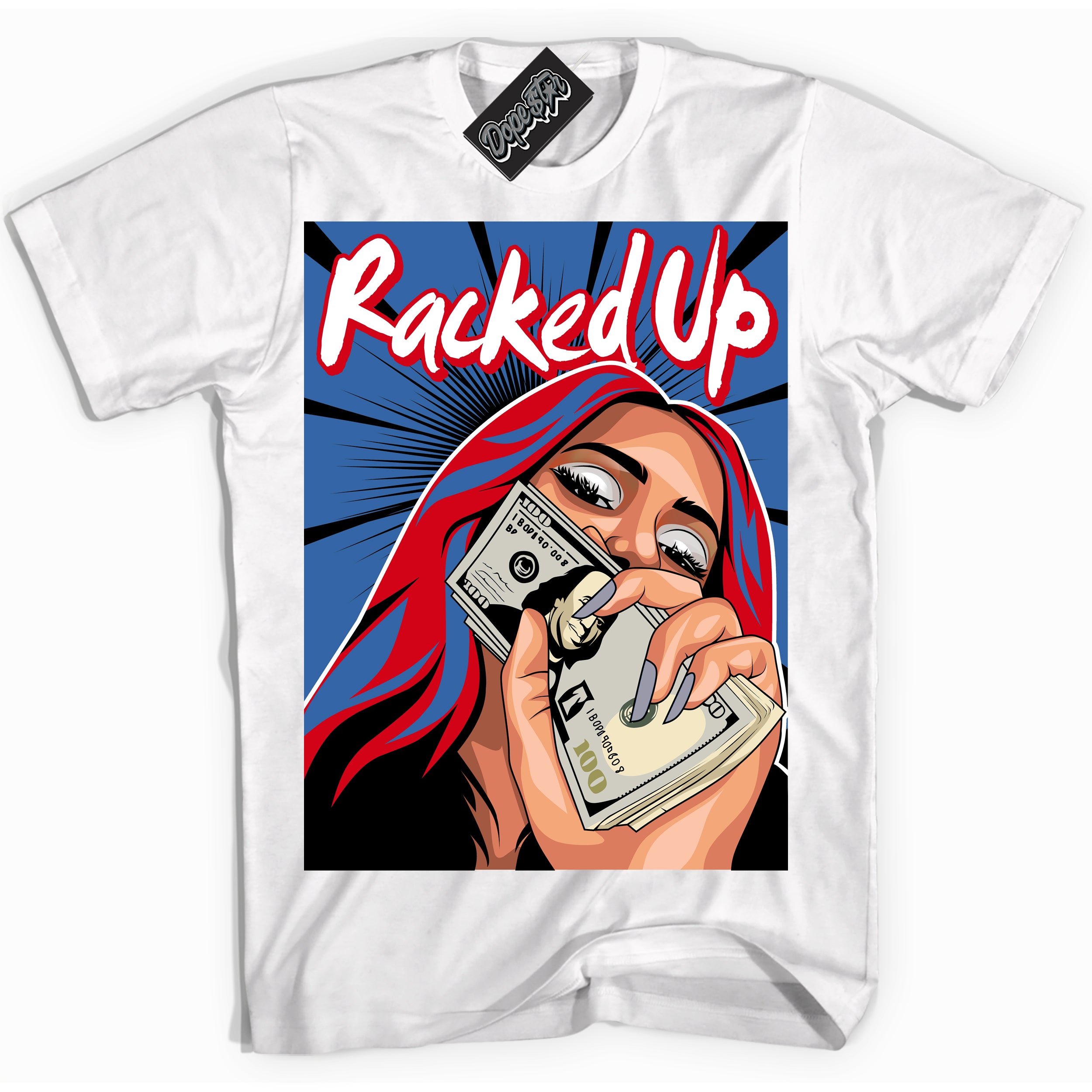 Cool White Shirt with “ Racked Up” design that perfectly matches Industrial Blue Sashiko 1s Sneakers.
