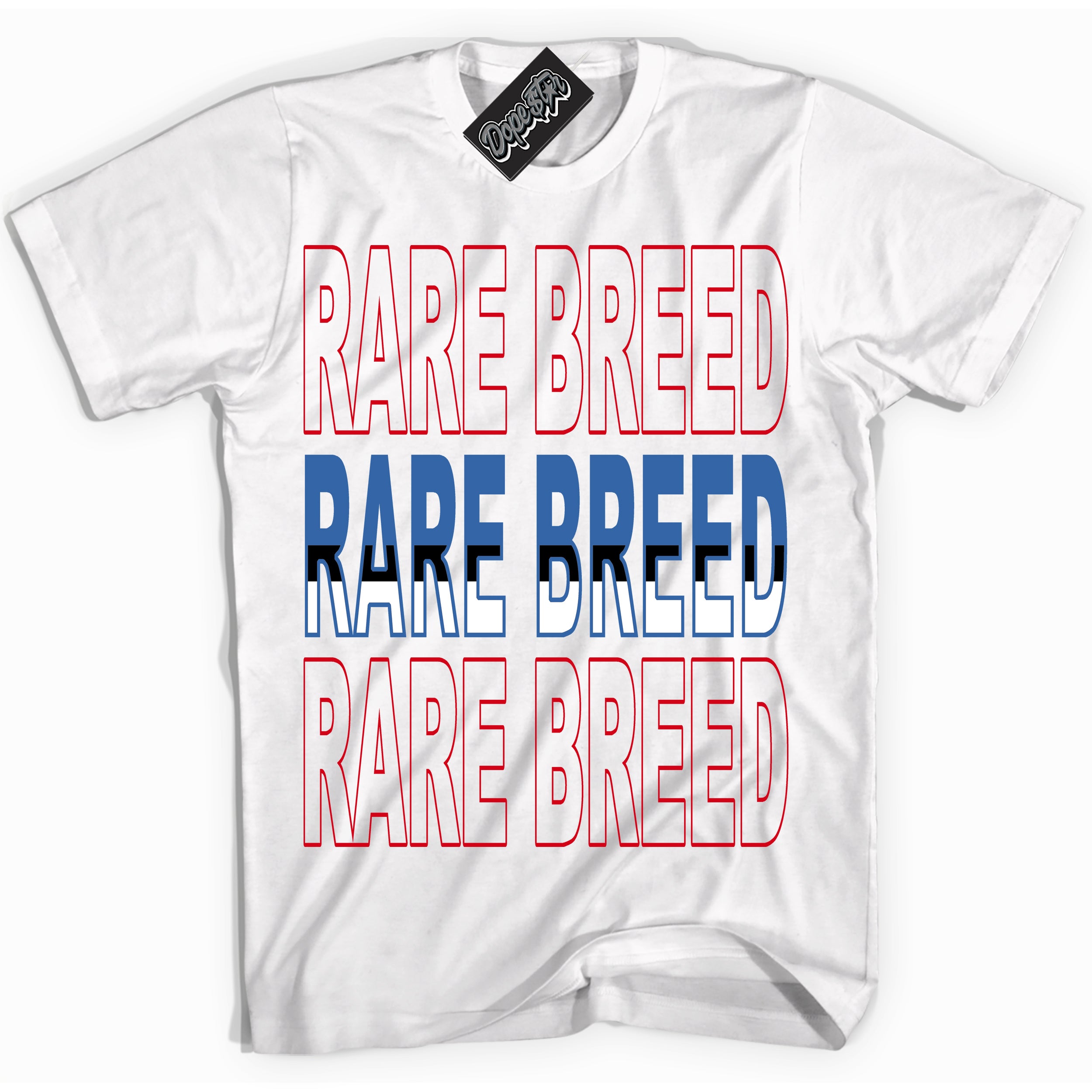 Cool White Shirt with “ Rare Breed” design that perfectly matches Industrial Blue Sashiko 1s Sneakers.