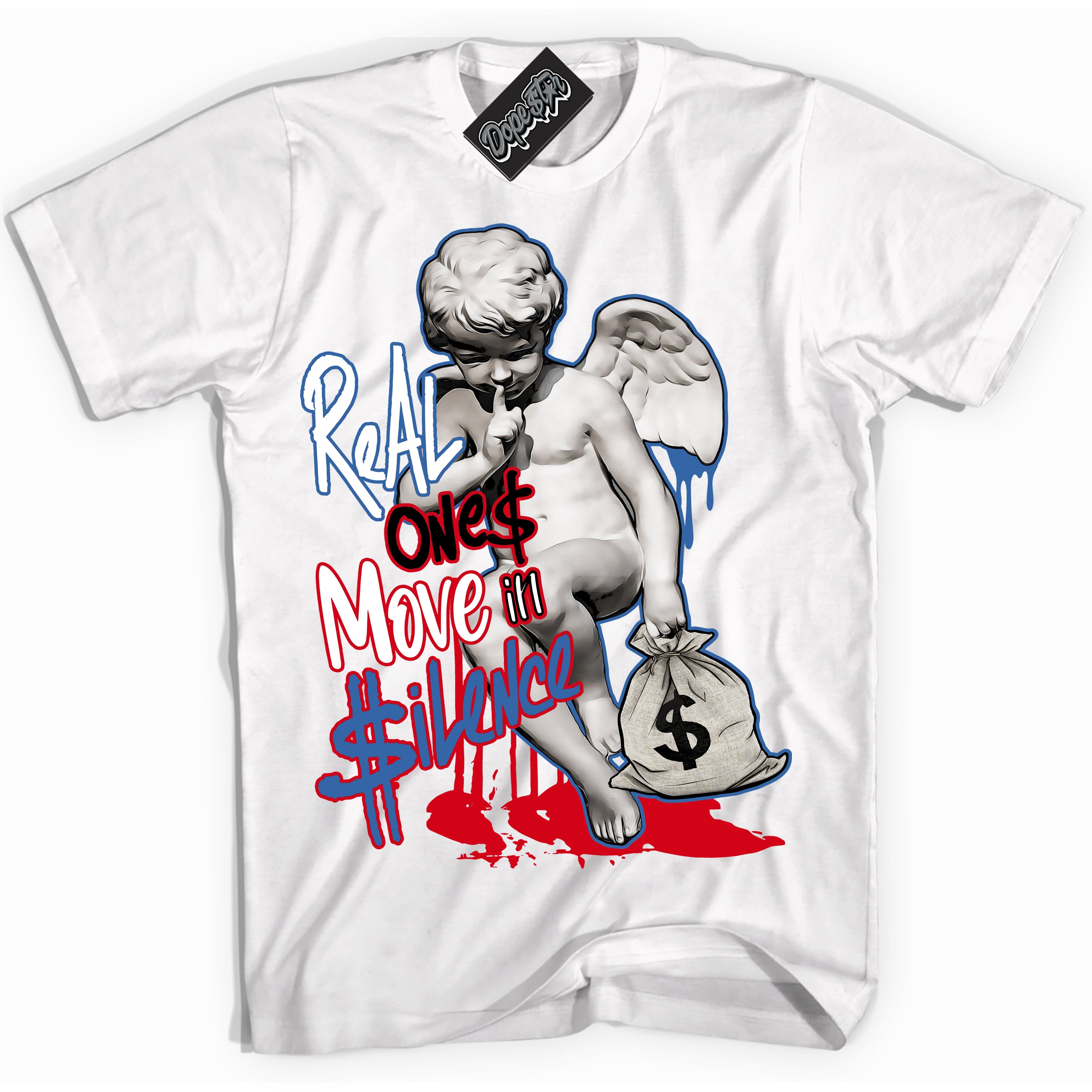 Cool White Shirt with “ Real Ones Cherub” design that perfectly matches Industrial Blue Sashiko 1s Sneakers.
