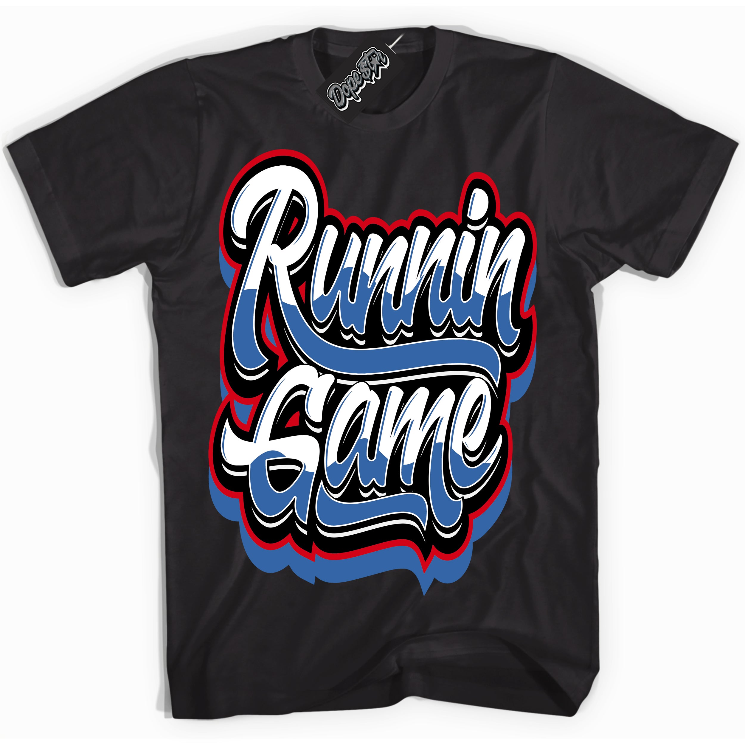 Cool Black Shirt with “ Running Game” design that perfectly matches Industrial Blue Sashiko 1s Sneakers.