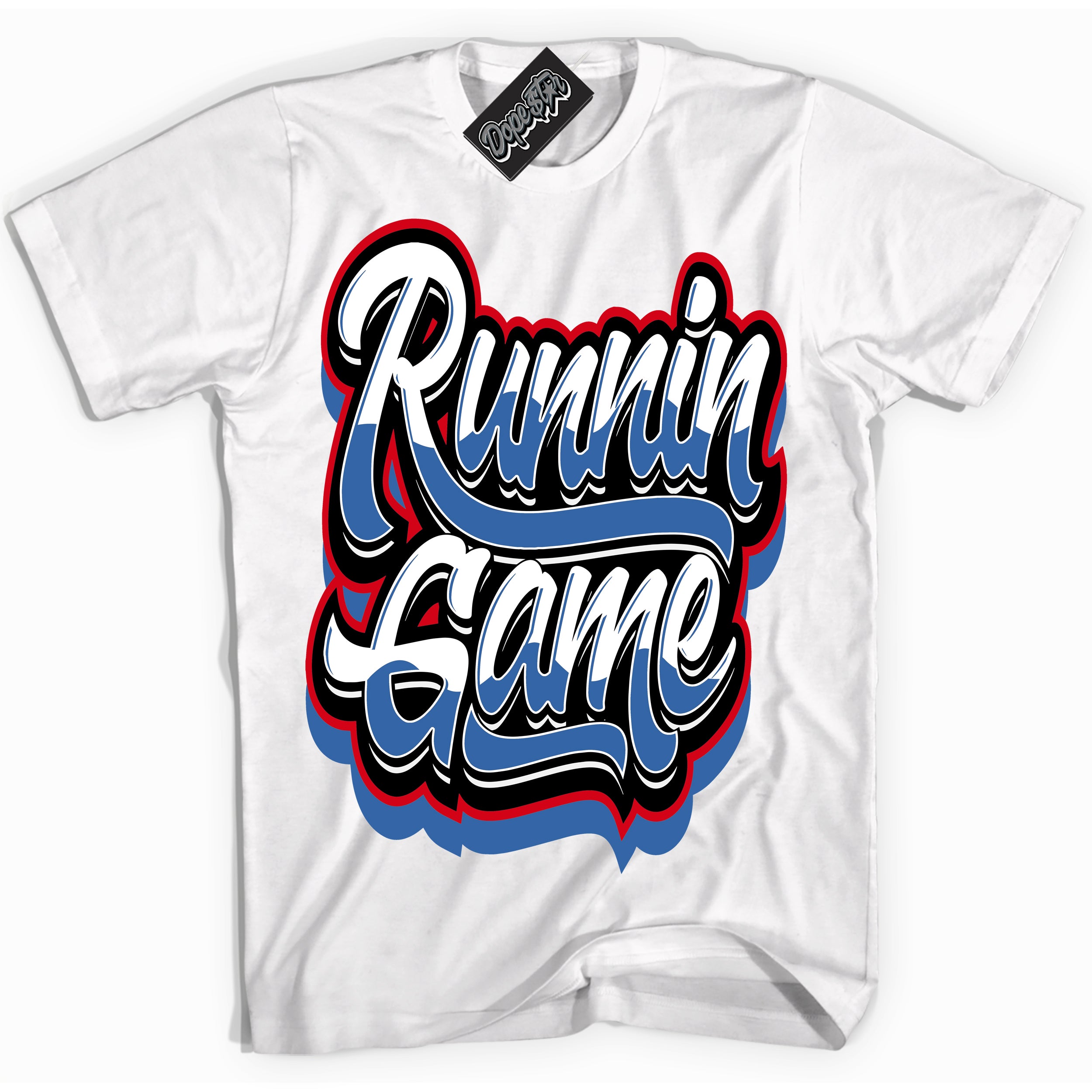 Cool White Shirt with “ Running Game” design that perfectly matches Industrial Blue Sashiko 1s Sneakers.