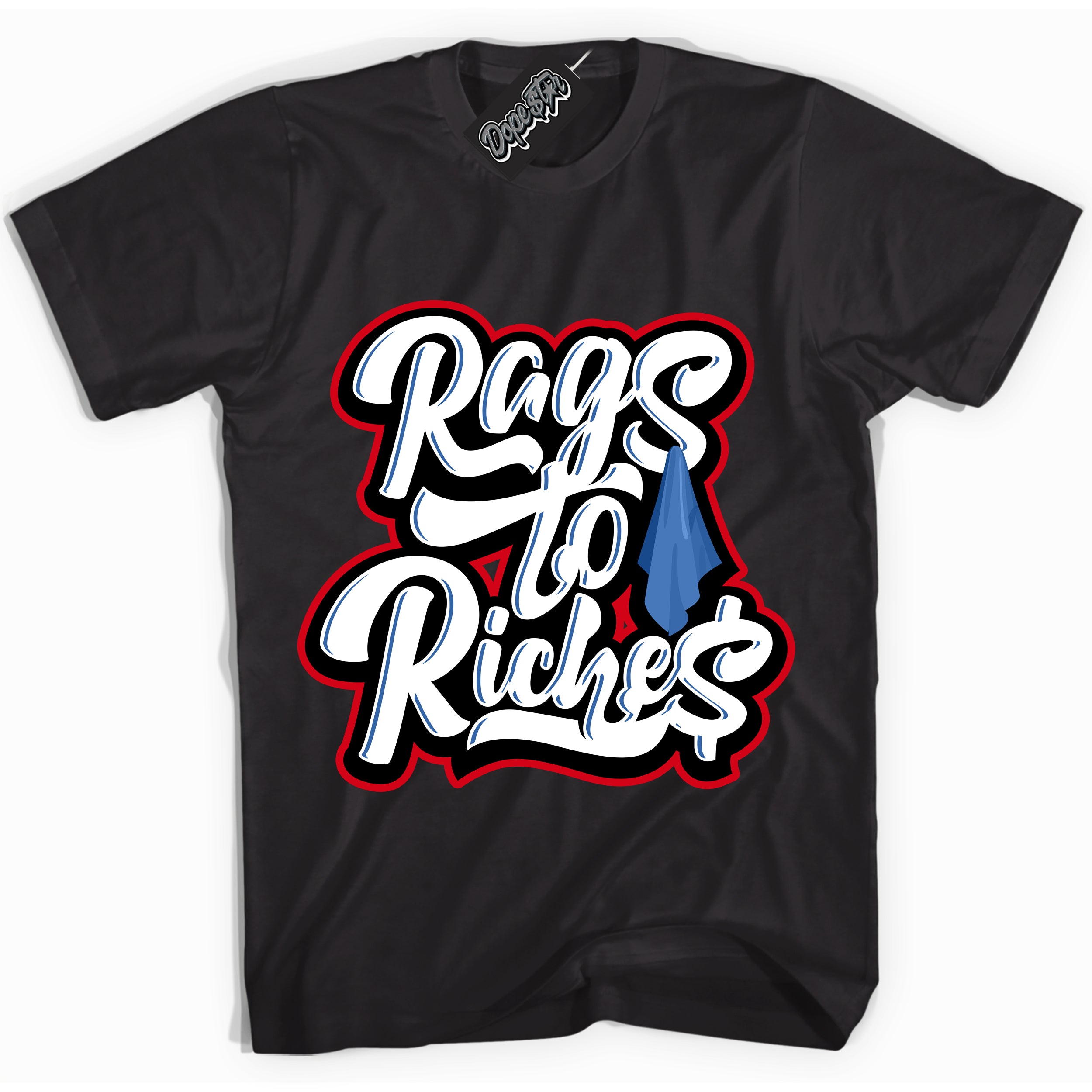 Cool Black Shirt with “ Rags To Riches” design that perfectly matches Industrial Blue Sashiko 1s Sneakers.
