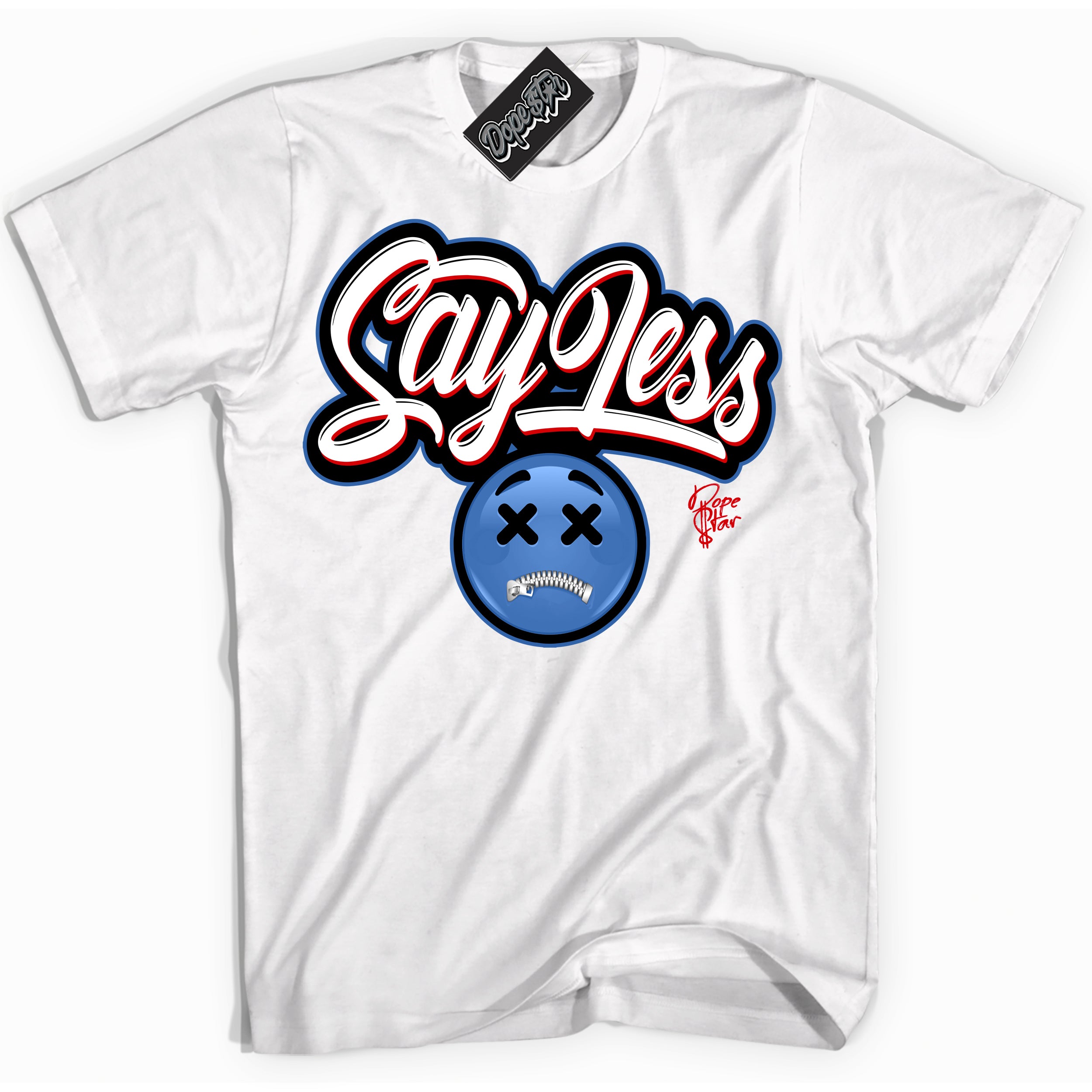 Cool White Shirt with “ Say Less” design that perfectly matches Industrial Blue Sashiko 1s Sneakers.
