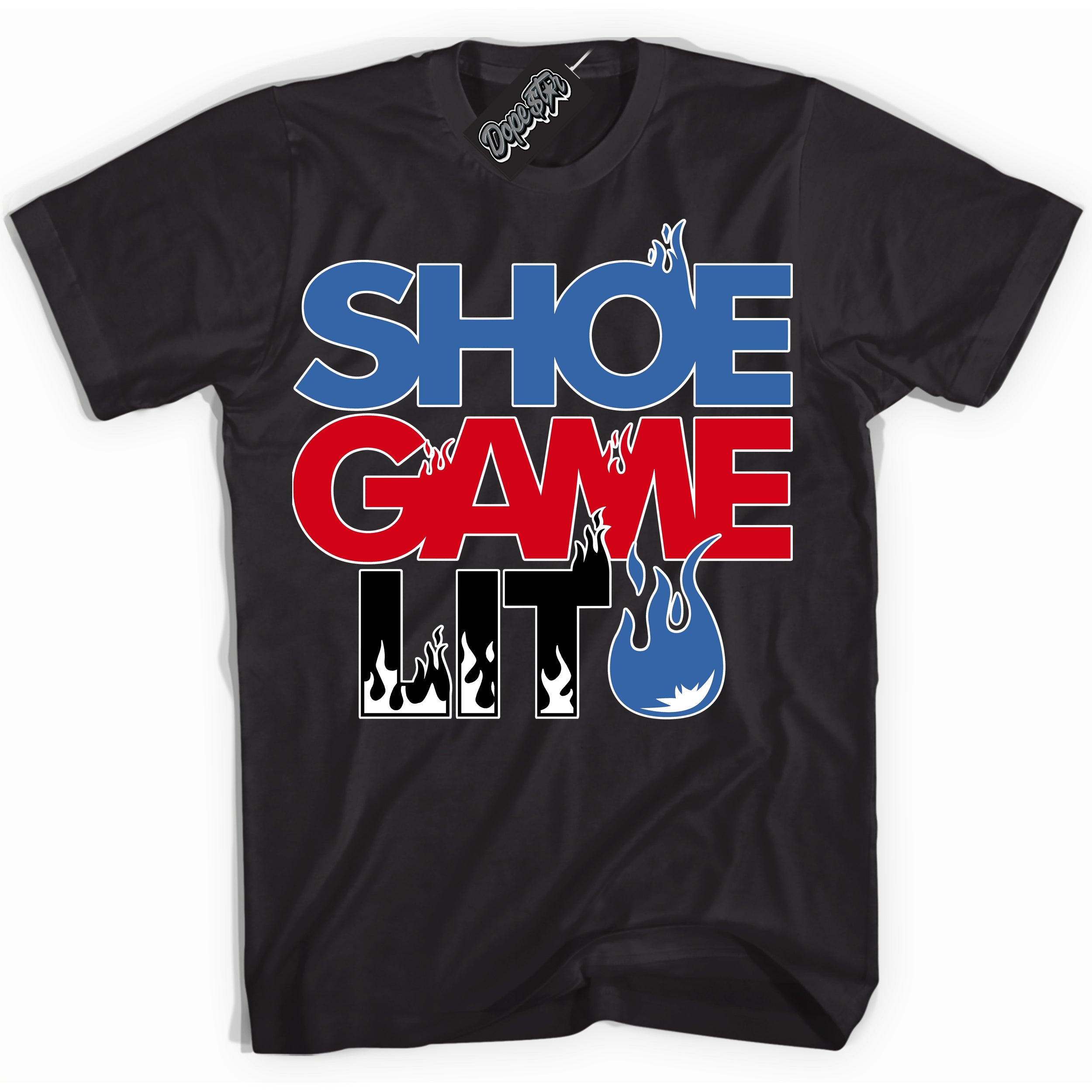 Cool Black Shirt with “ Shoe Game Lit” design that perfectly matches Industrial Blue Sashiko 1s Sneakers.