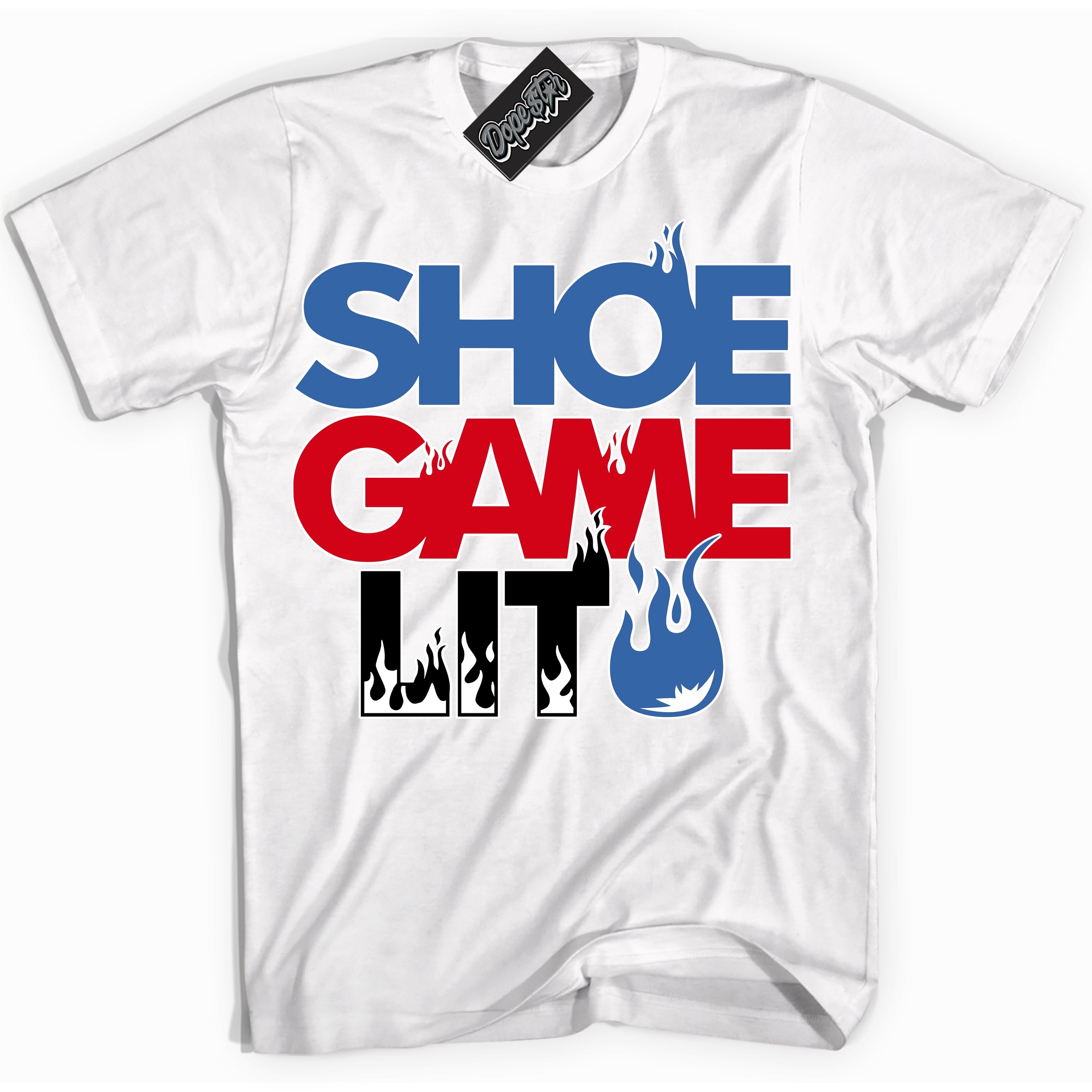 Cool White Shirt with “ Shoe Game Lit” design that perfectly matches Industrial Blue Sashiko 1s Sneakers.