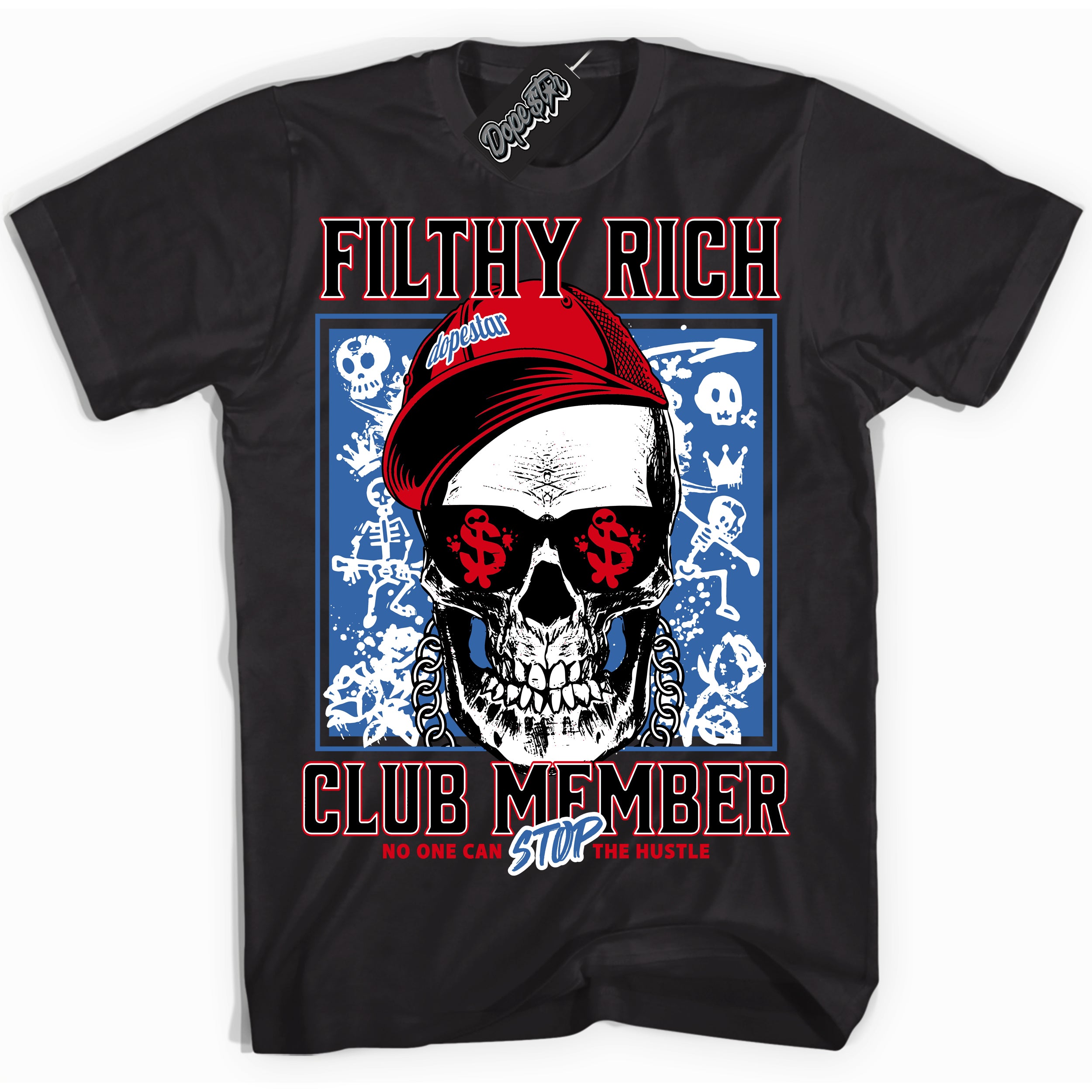 Cool Black Shirt with “ Filthy Rich” design that perfectly matches Industrial Blue Sashiko 1s Sneakers.