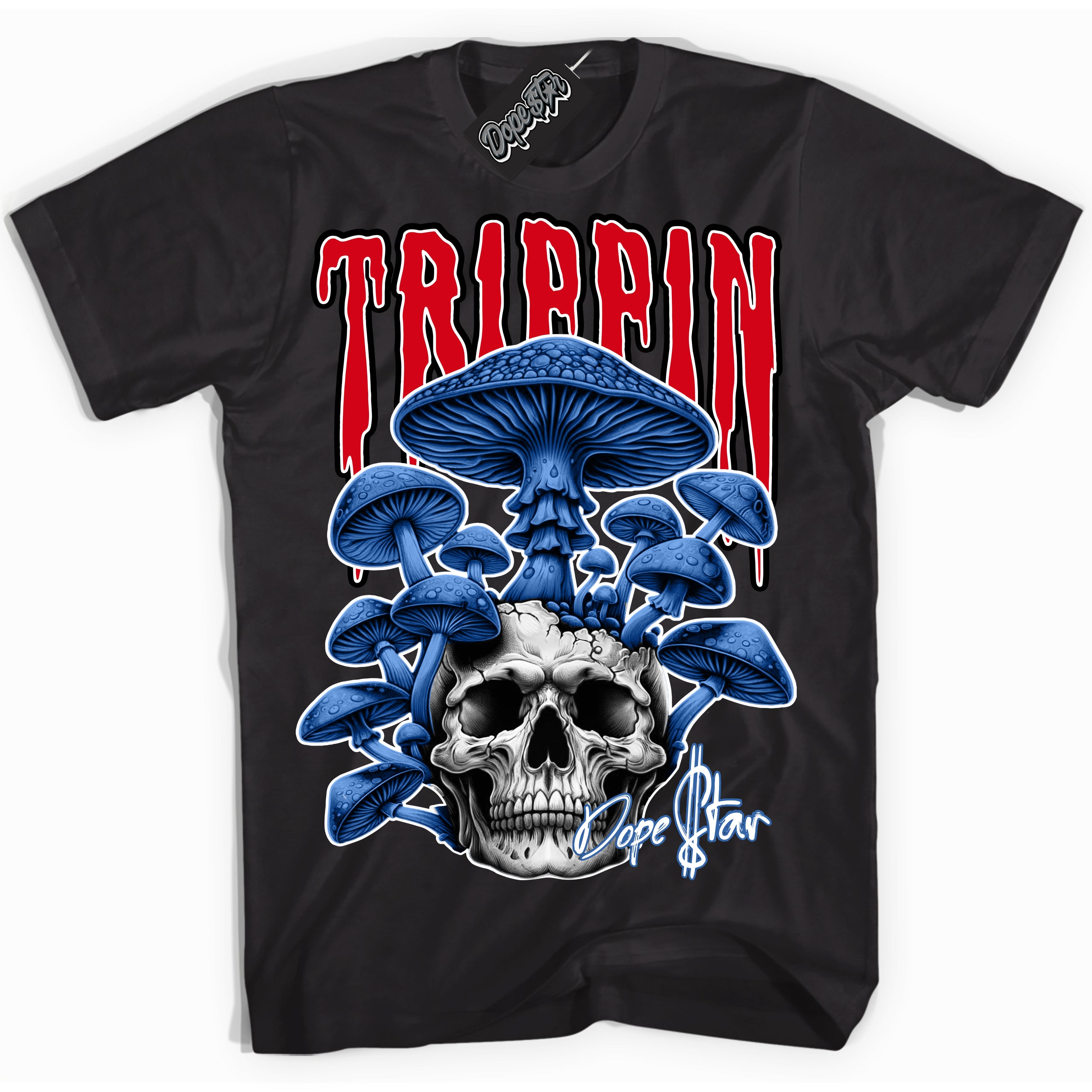 Cool Black Shirt with “Trippin” design that perfectly matches the Industrial Blue Sashiko 1s Sneakers.