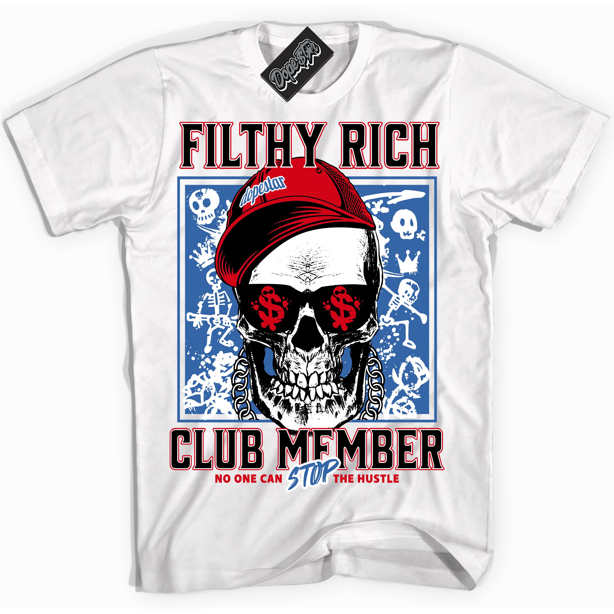 Cool White Shirt with “ Filthy Rich” design that perfectly matches Industrial Blue Sashiko 1s Sneakers.