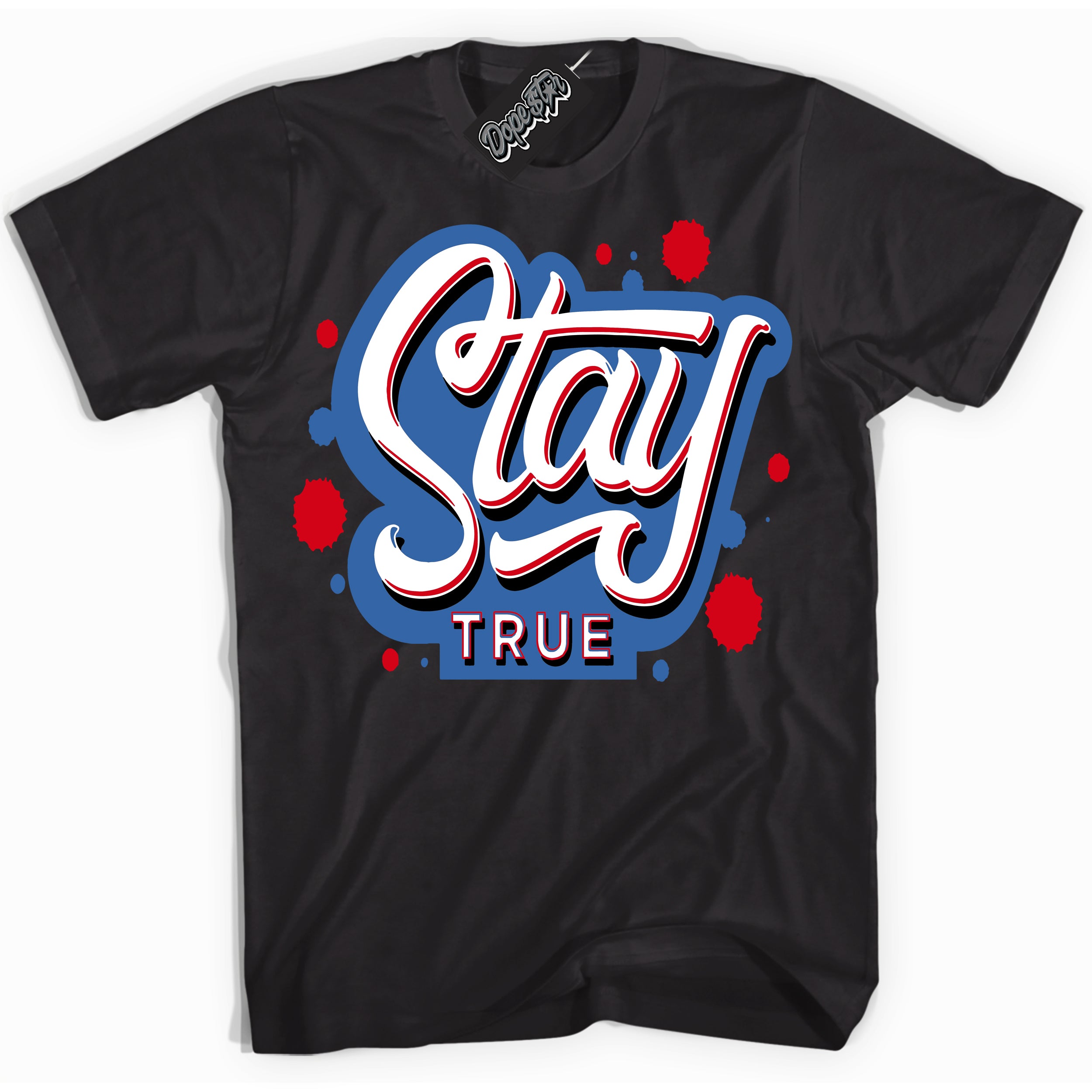 Cool Black Shirt with “ Stay True” design that perfectly matches Industrial Blue Sashiko 1s Sneakers.