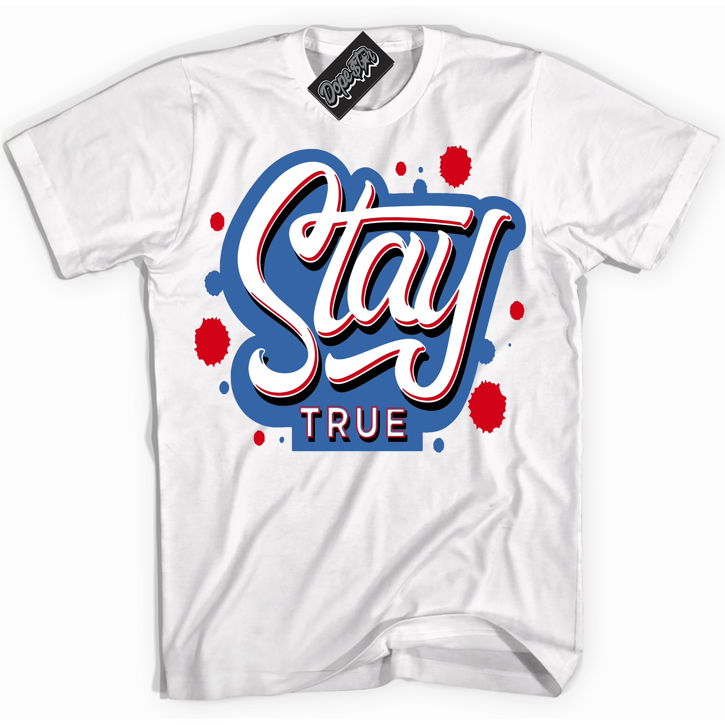 Cool White Shirt with “ Stay True” design that perfectly matches Industrial Blue Sashiko 1s Sneakers.