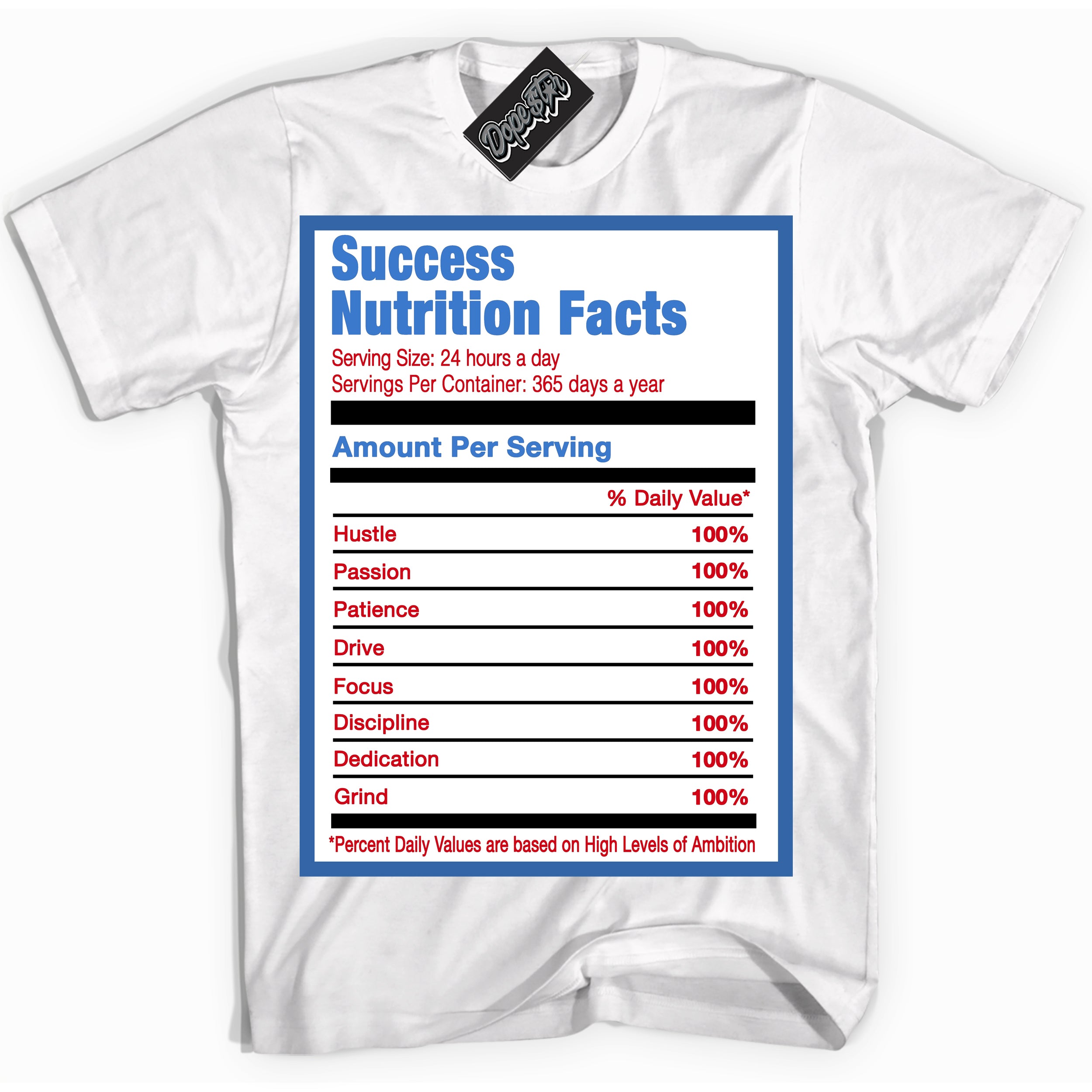 Cool White Shirt with “ Success Nutrition ” design that perfectly matches Industrial Blue Sashiko 1s Sneakers.
