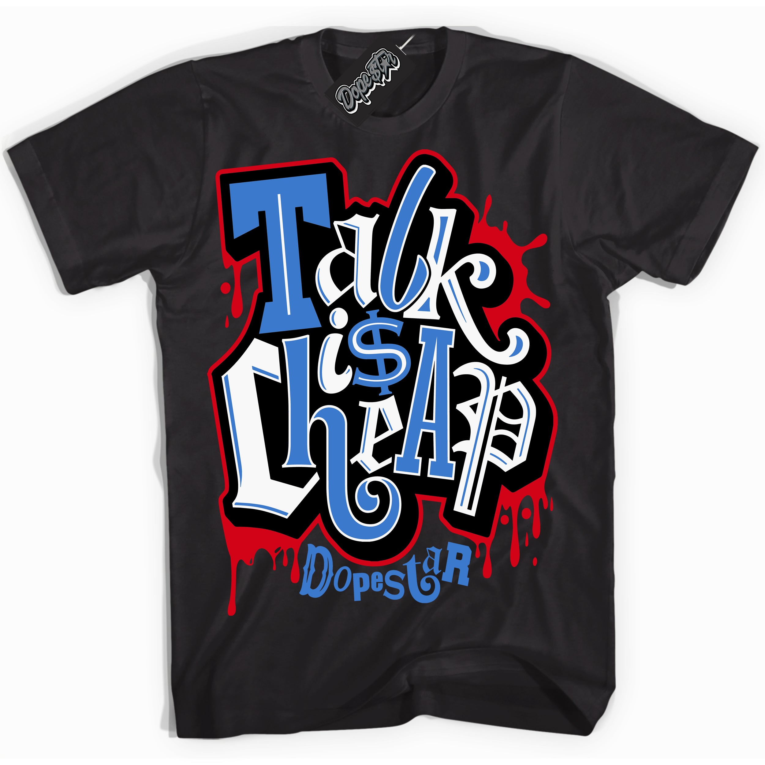 Cool Black Shirt with “ Talk Is Cheap” design that perfectly matches Industrial Blue Sashiko 1s Sneakers.