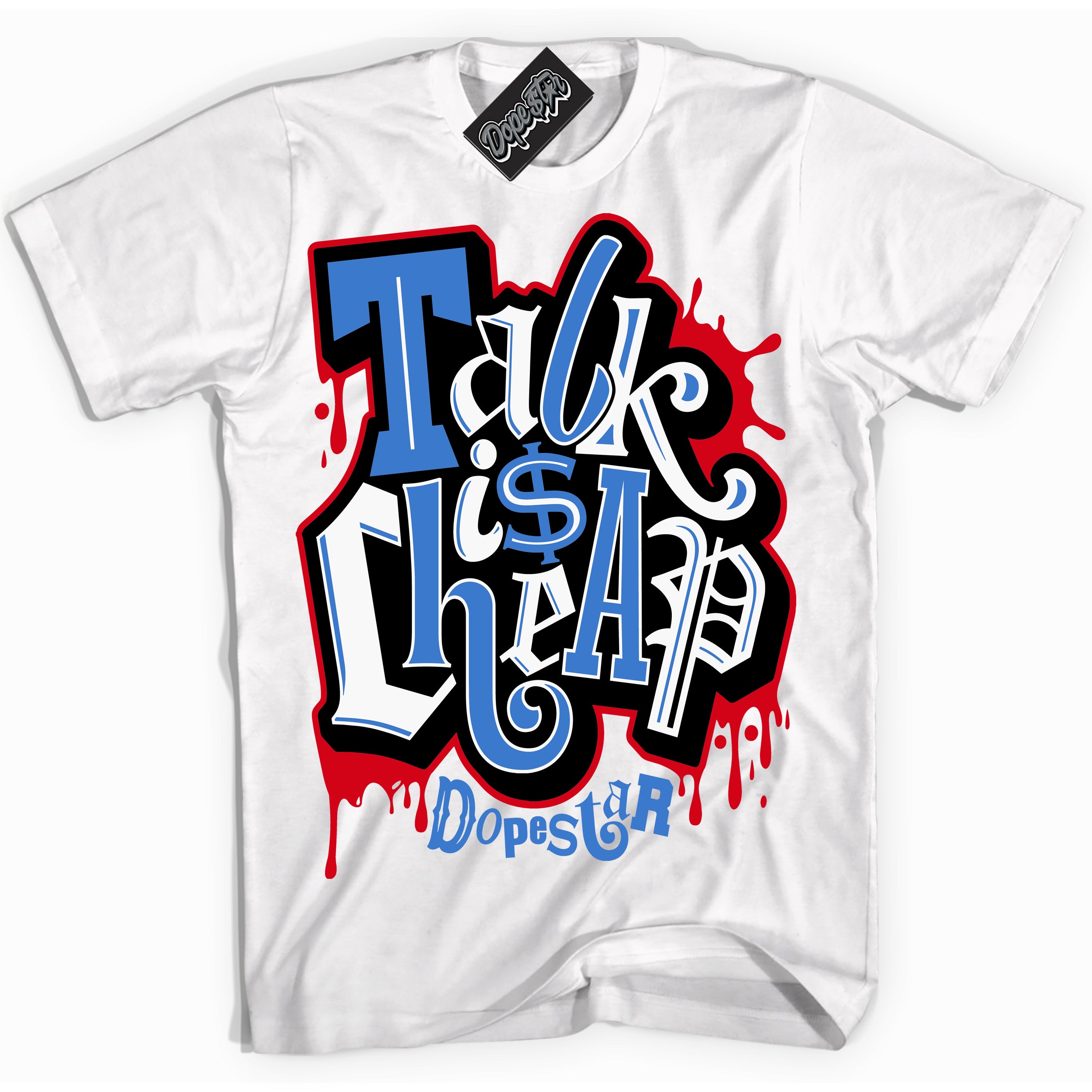 Cool White Shirt with “ Talk Is Cheap” design that perfectly matches Industrial Blue Sashiko 1s Sneakers.
