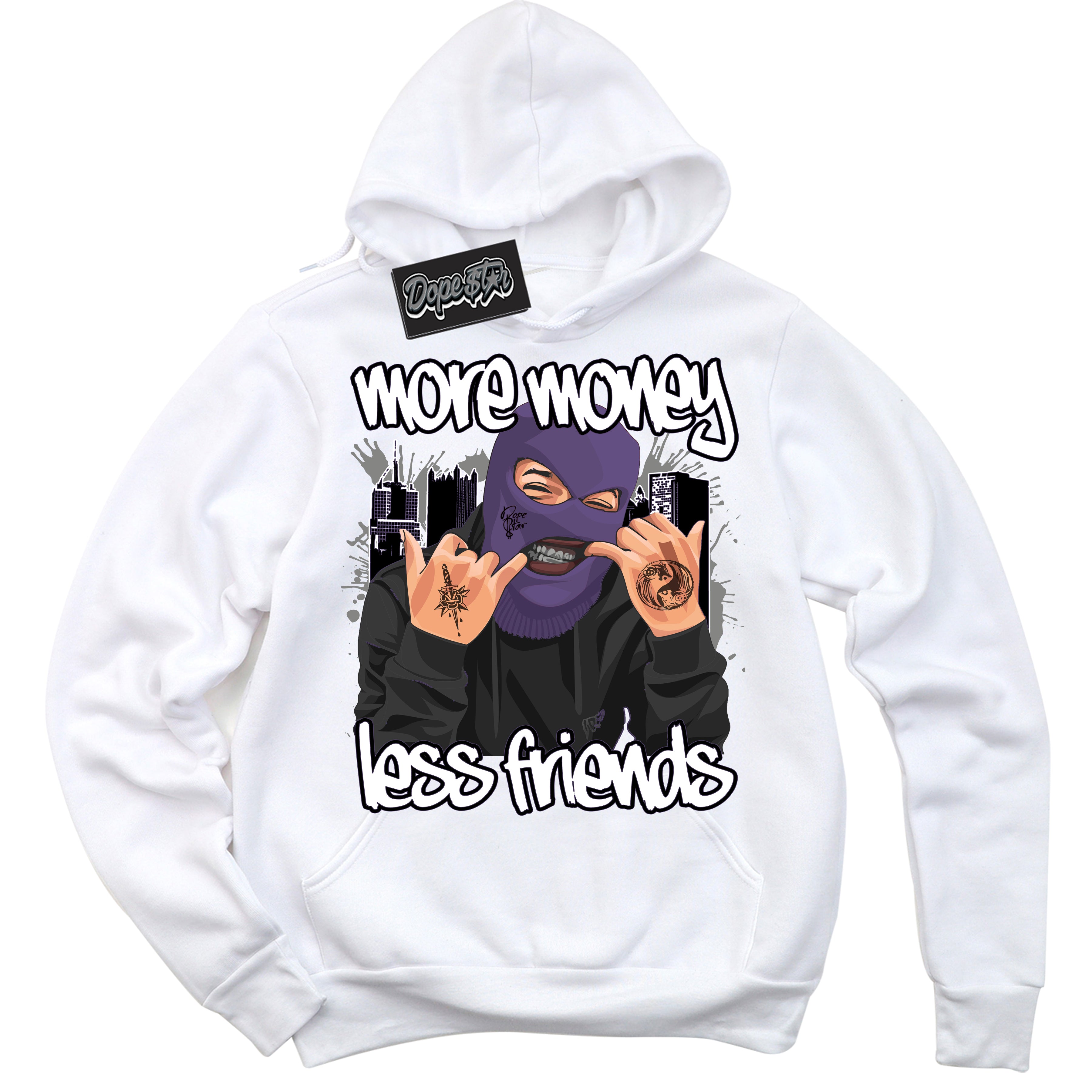 Cool White Hoodie with “ More Money Less Friends ”  design that Perfectly Matches Punk Rock 1s Sneakers.