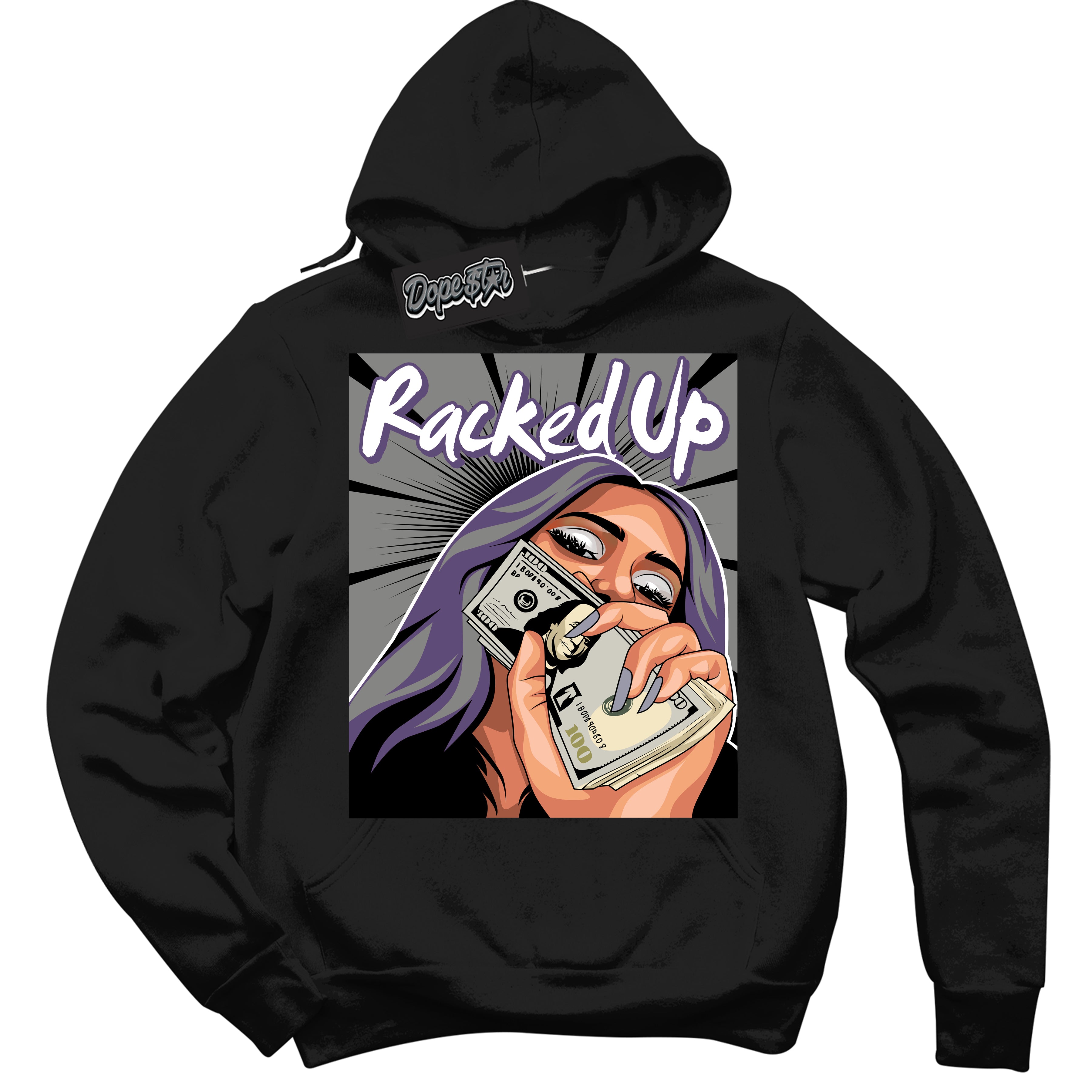 Cool Black Hoodie with “ Racked Up ”  design that Perfectly Matches Punk Rock 1s Sneakers.