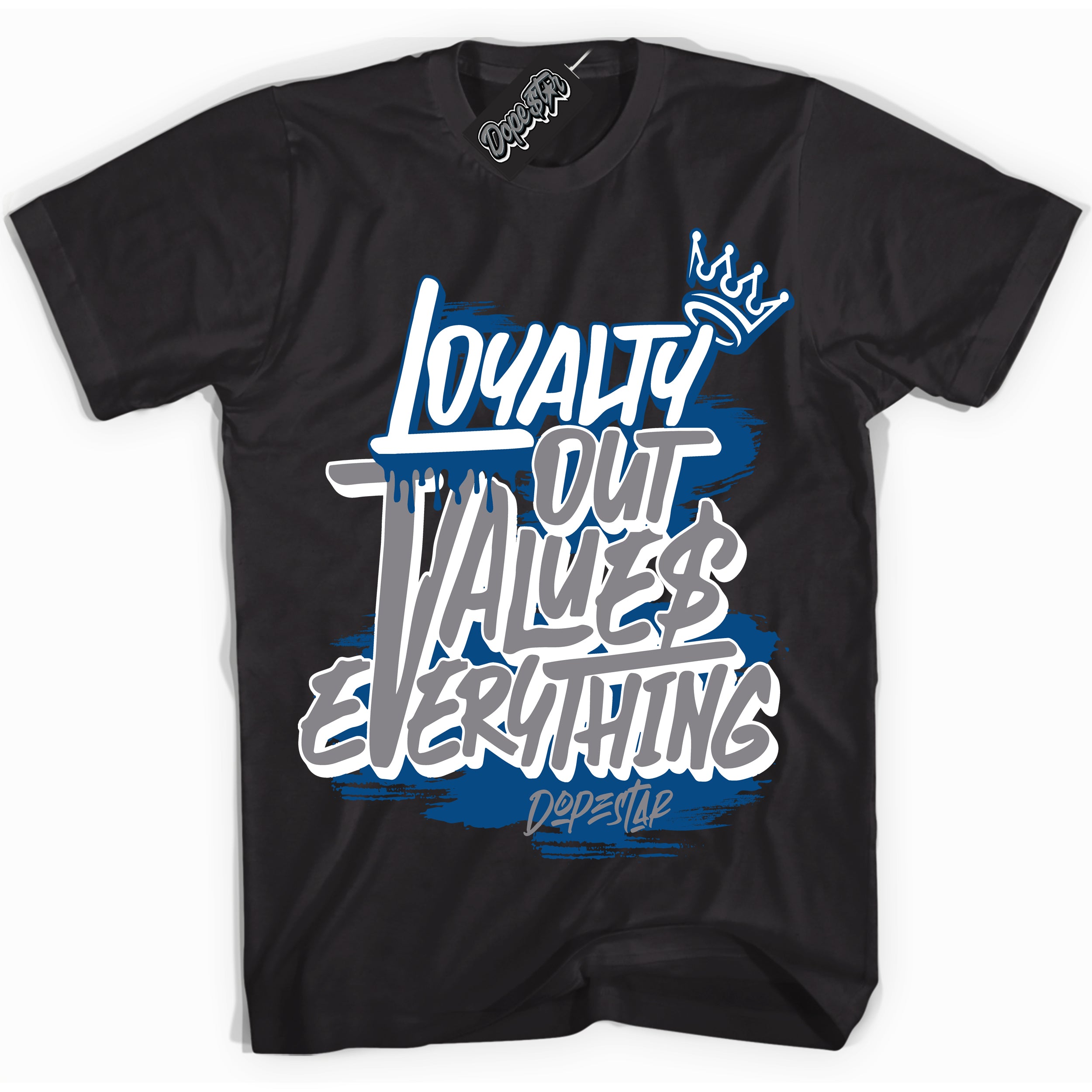 Cool Black Shirt with “ Loyalty Out Values Everything” design that perfectly matches Low True Blue 1s Sneakers.