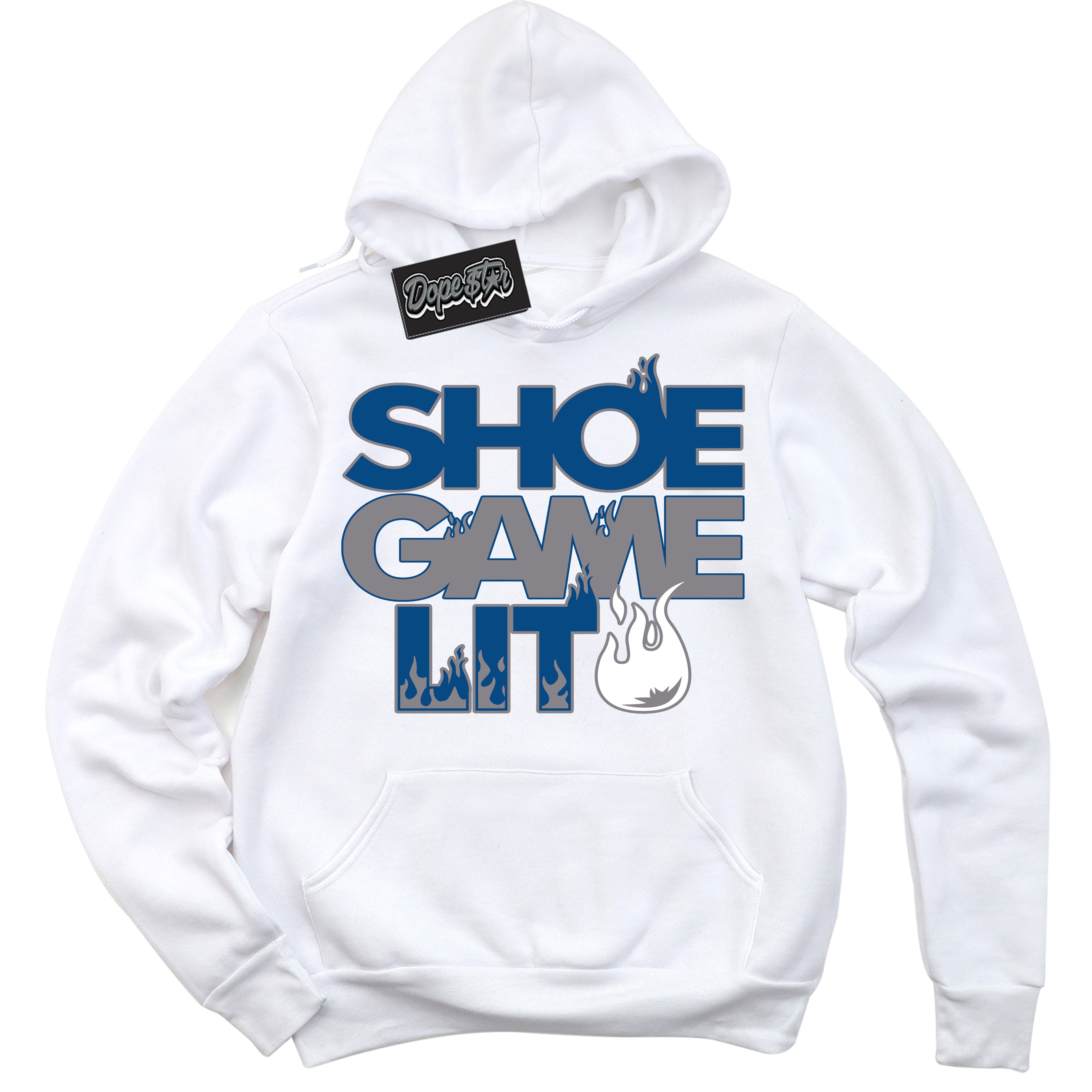 Cool White Hoodie with “ Shoe Game Lit '' design that Perfectly Matches  Low True Blue 1s Sneakers.