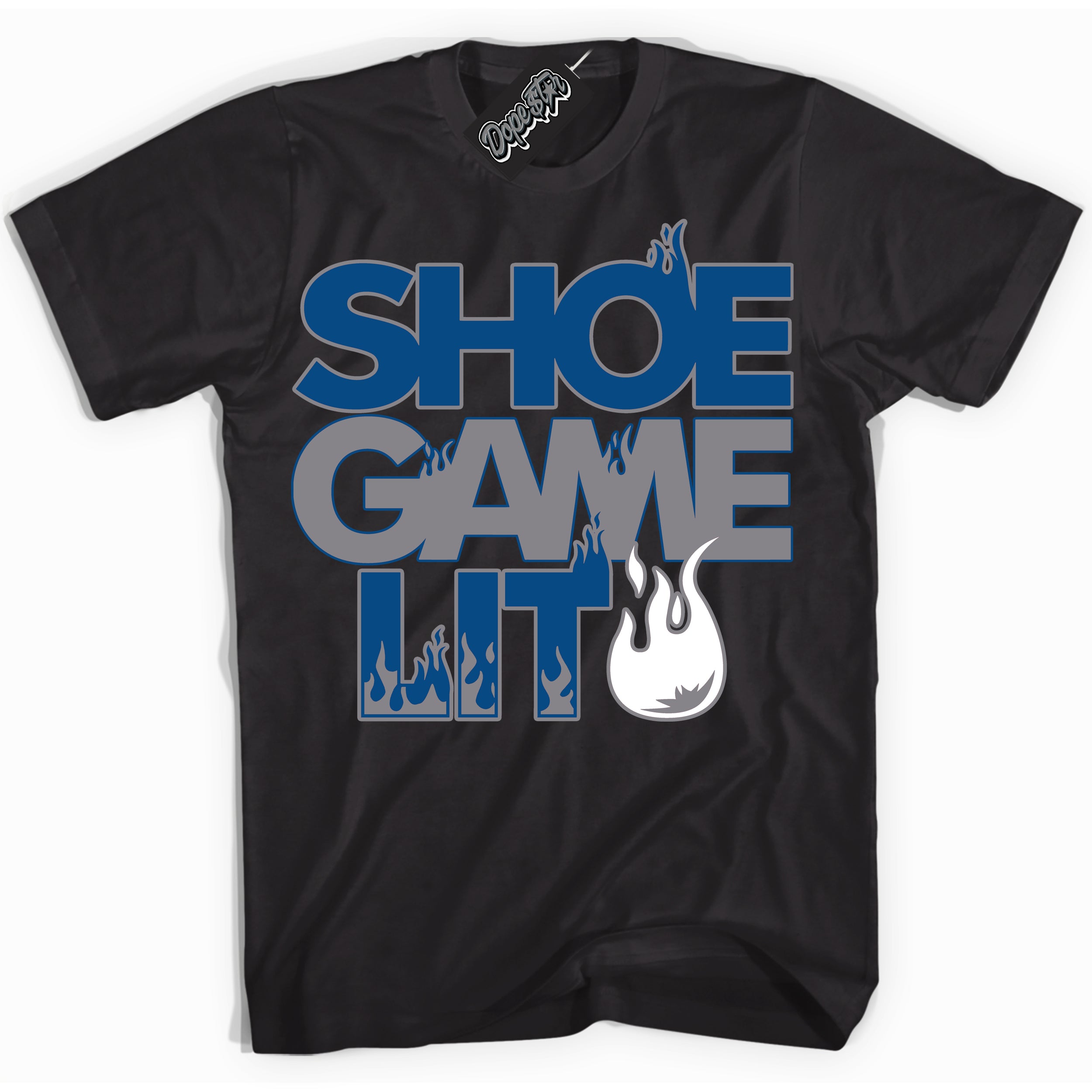 Cool Black Shirt with “ Shoe Game Lit ” design that perfectly matches Low True Blue 1s Sneakers.