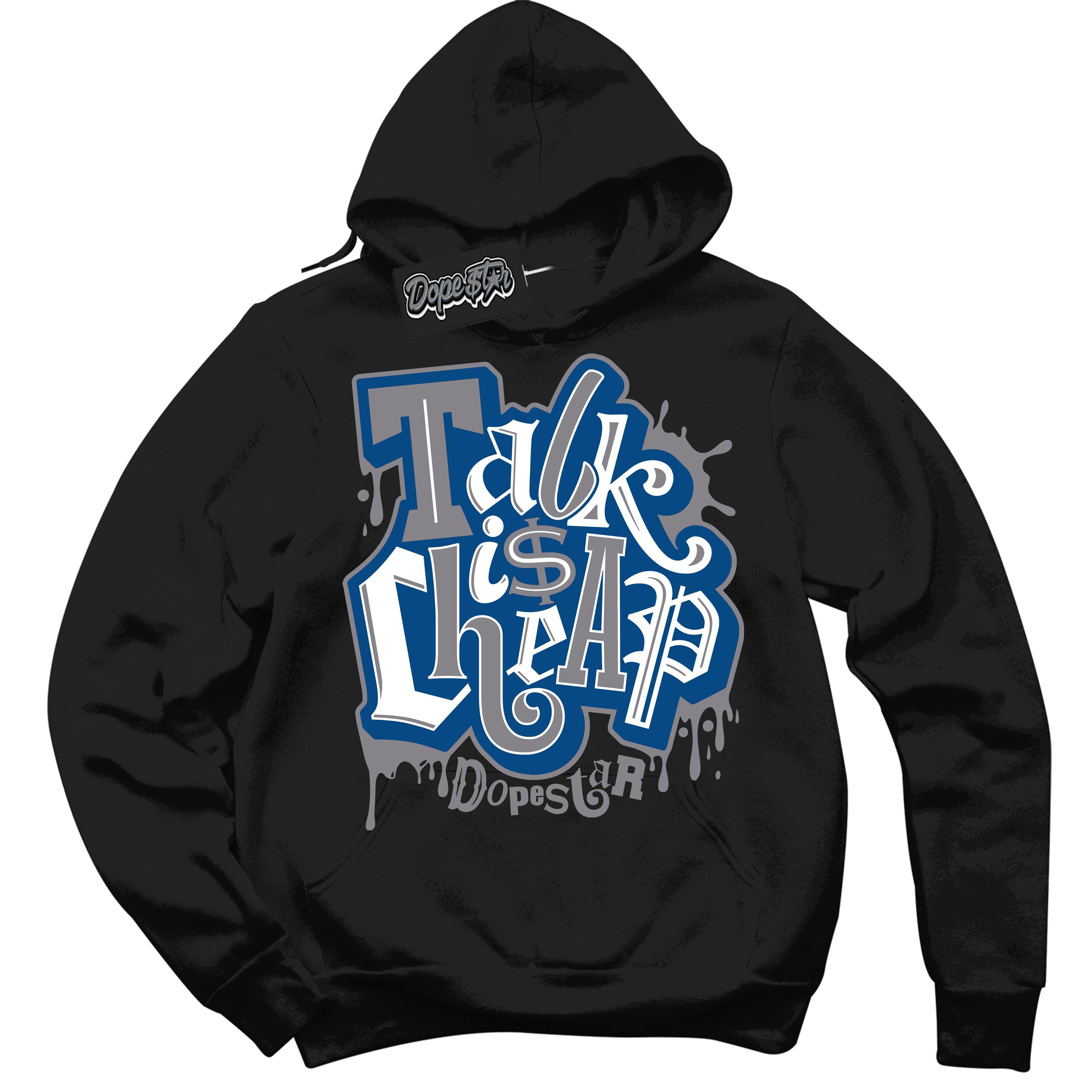 Cool Black Hoodie with “ Talk Is Cheap ”  design that Perfectly Matches True Blue 1s Sneakers.