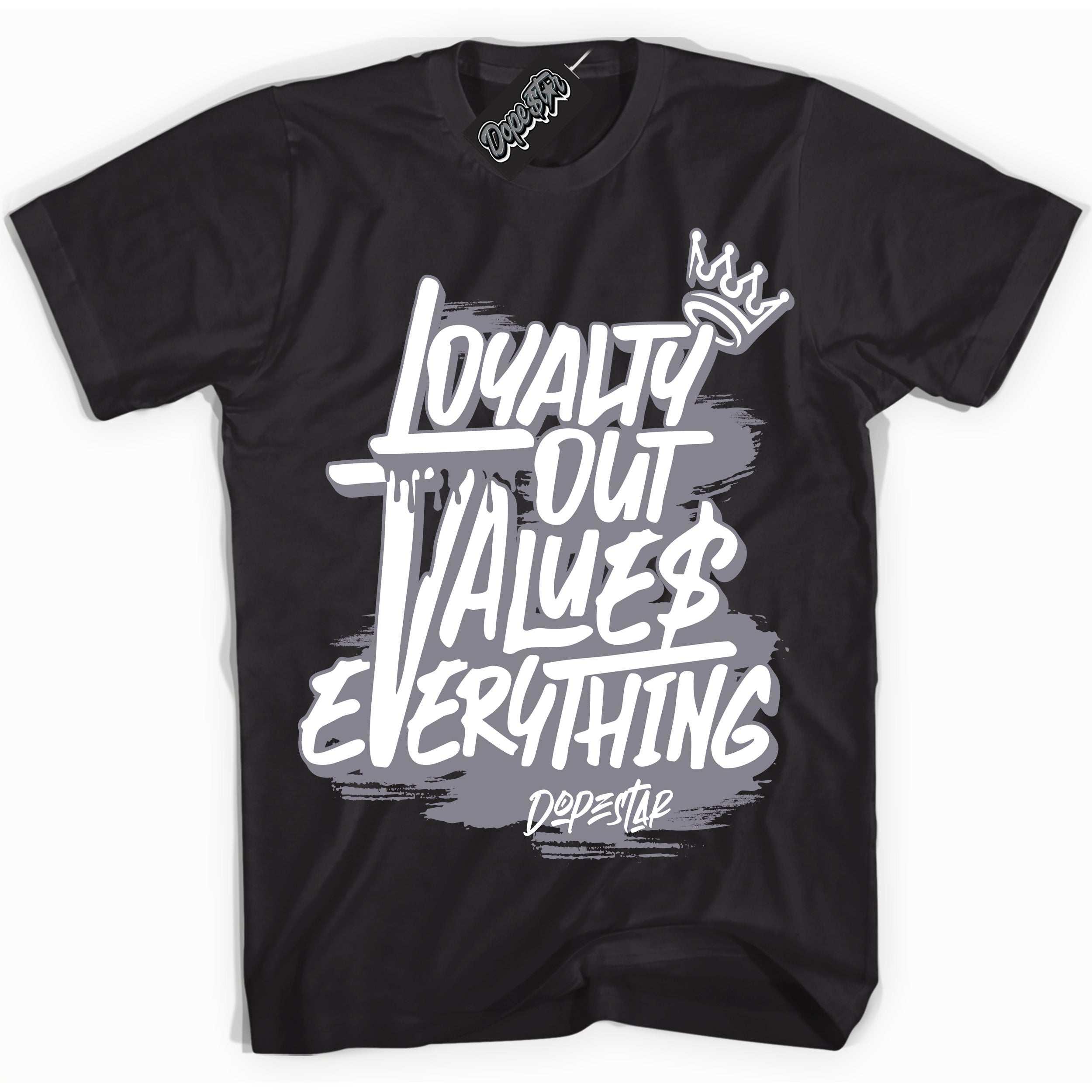 Cool Black Shirt with “ Loyalty Out Values Everything” design that perfectly matches Vintage Stealth Grey 1s Sneakers.