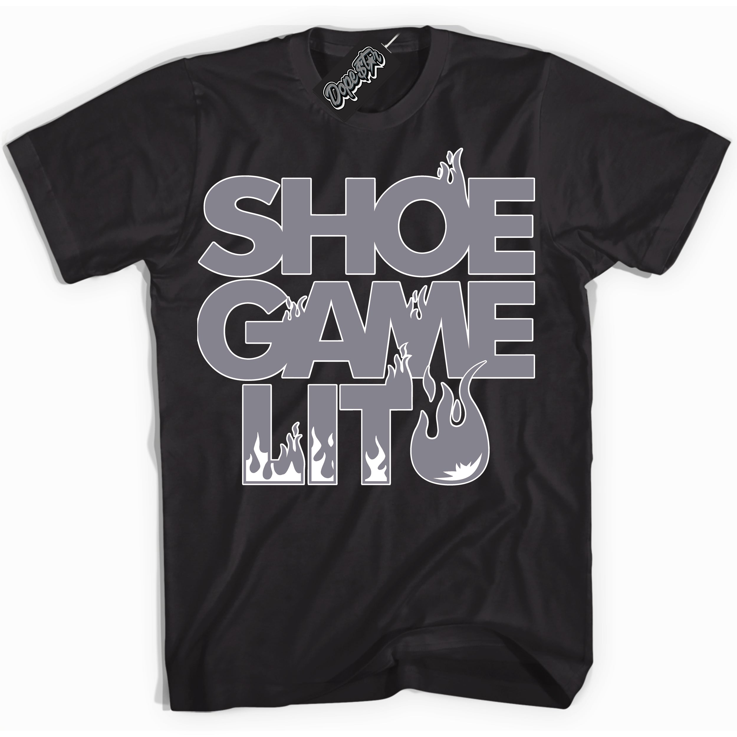 Cool Black Shirt with “ Shoe Game Lit ” design that perfectly matches Vintage Stealth Grey 1s Sneakers.