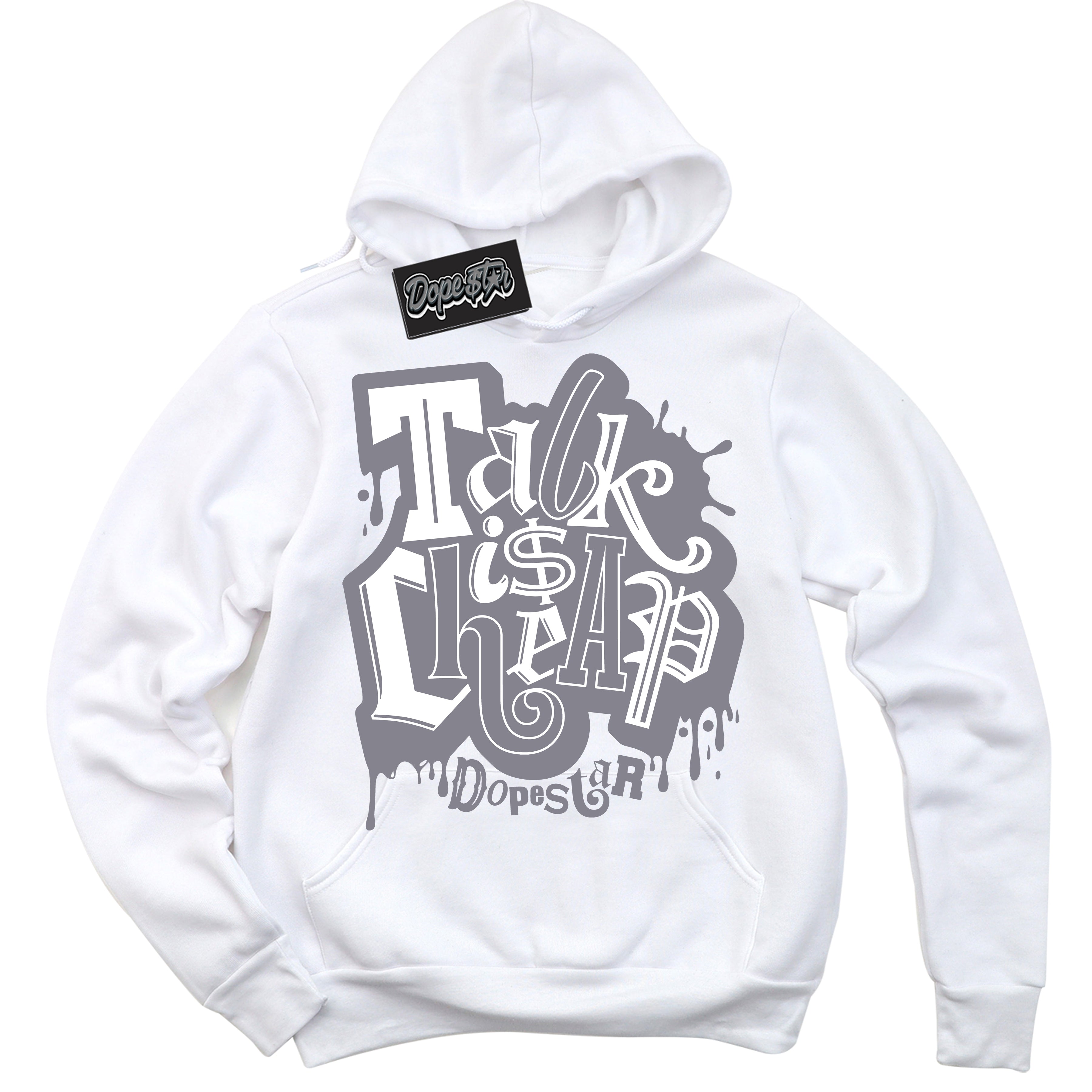 Cool White Hoodie with “ Talk Is Cheap ”  design that Perfectly Matches Vintage Stealth Grey 1s Sneakers.