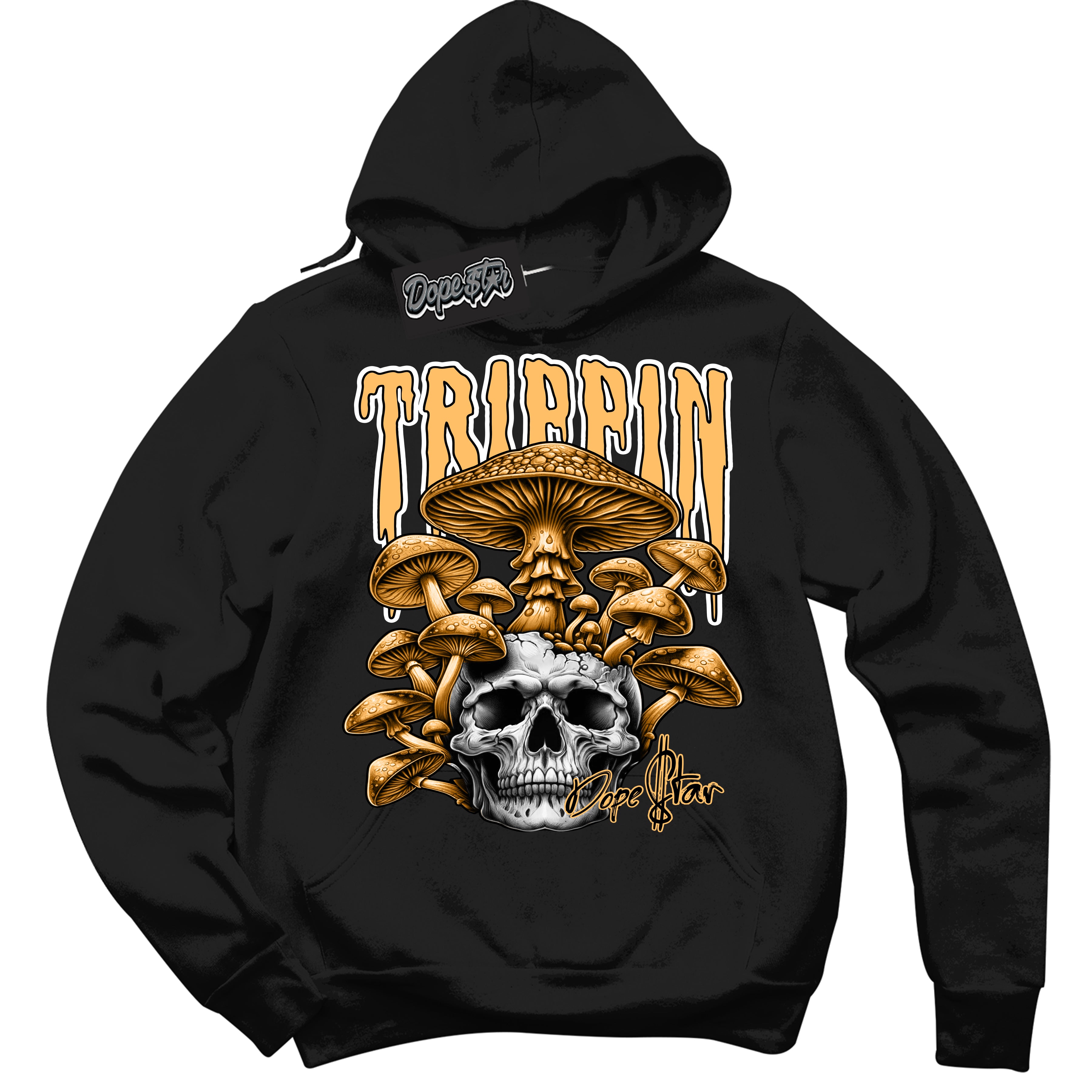 Cool Black Hoodie with “Trippin” design that Perfectly Matches Yellow Ochre 1s Sneakers.