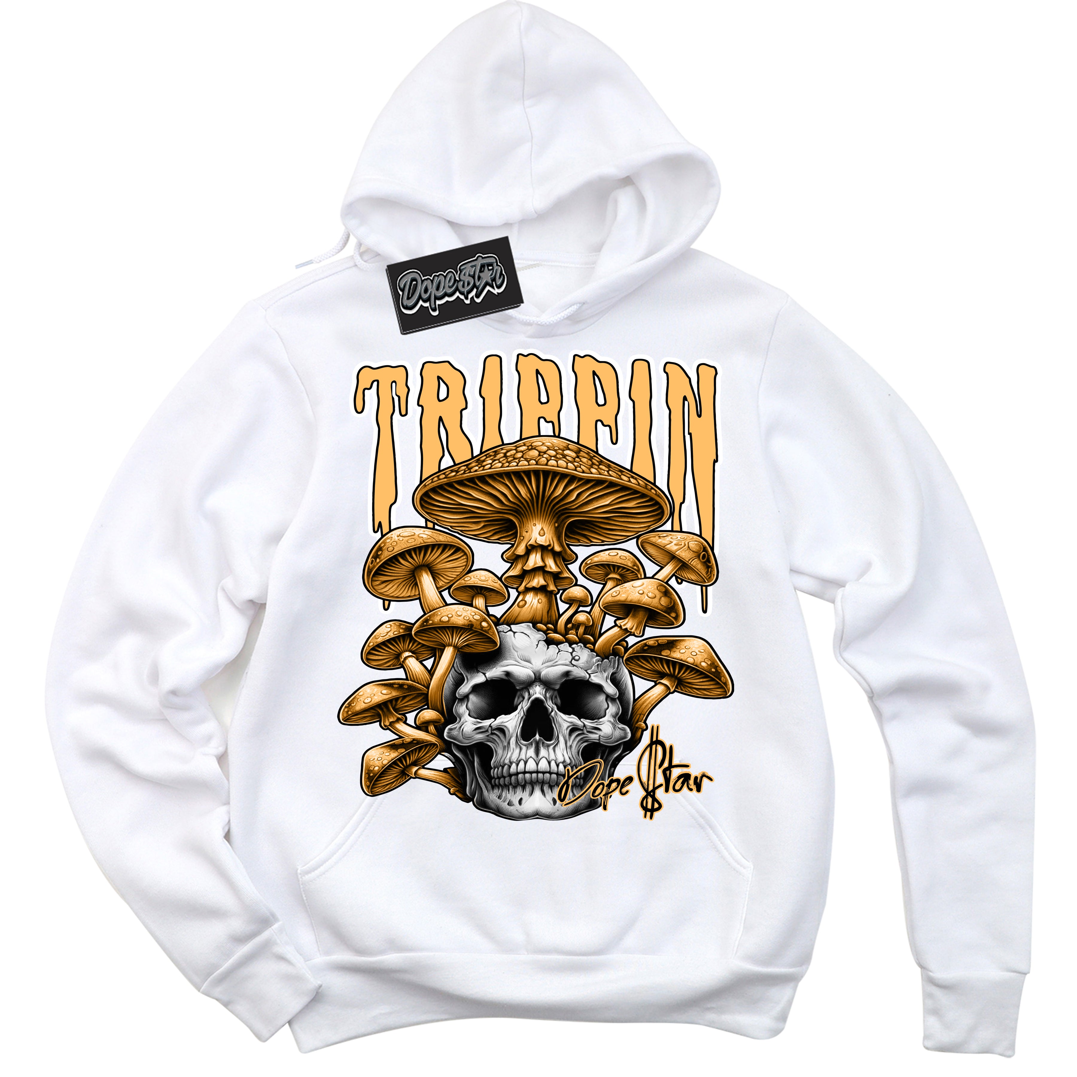 Cool White Hoodie with “Trippin” design that Perfectly Matches Yellow Ochre 1s Sneakers.