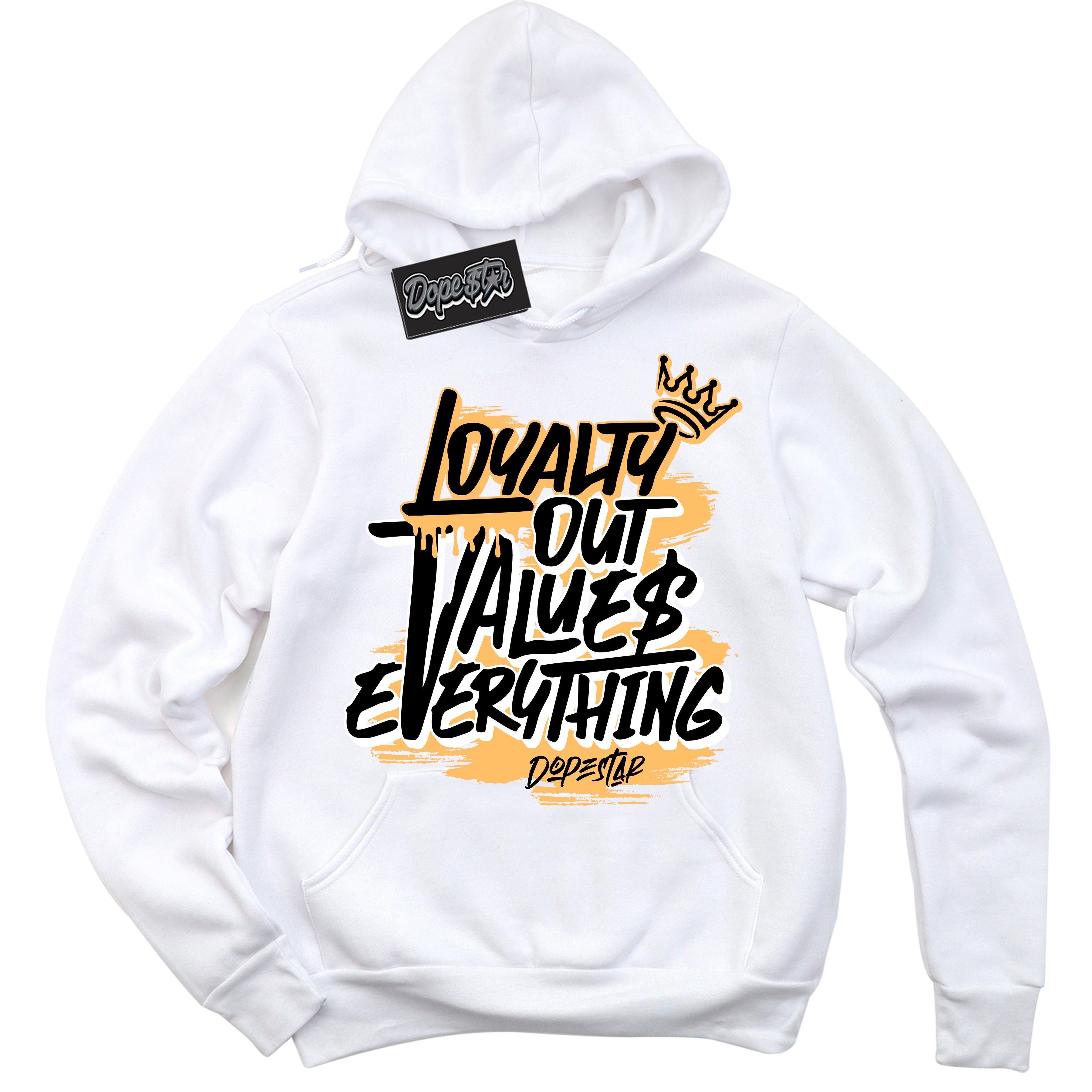 Cool White Hoodie with “ Loyalty Out Values Everything ”  design that Perfectly Matches Yellow Ochre 1s Sneakers.