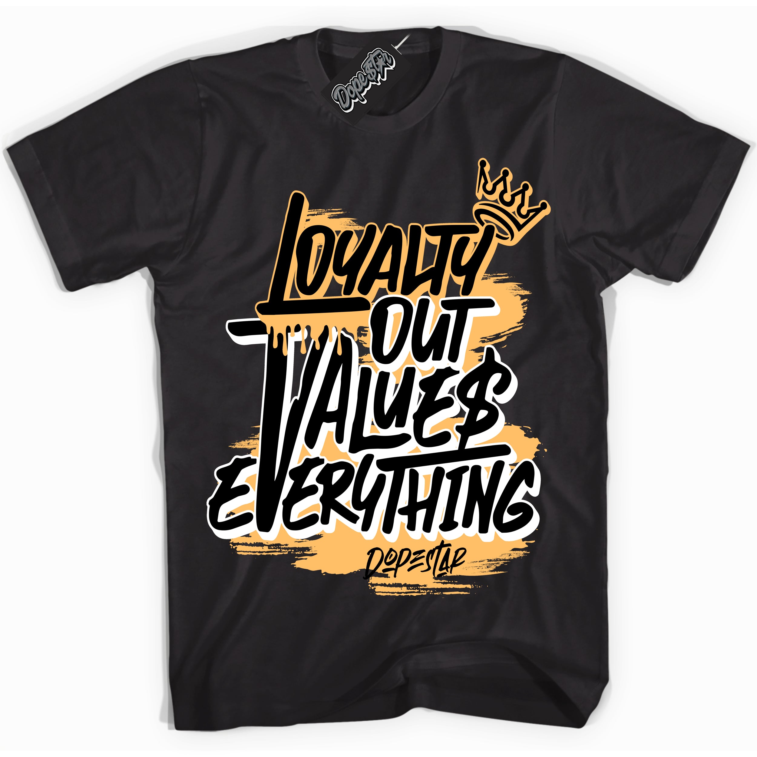 Cool Black Shirt with “ Loyalty Out Values Everything” design that perfectly matches Yellow Ochre 1s Sneakers.