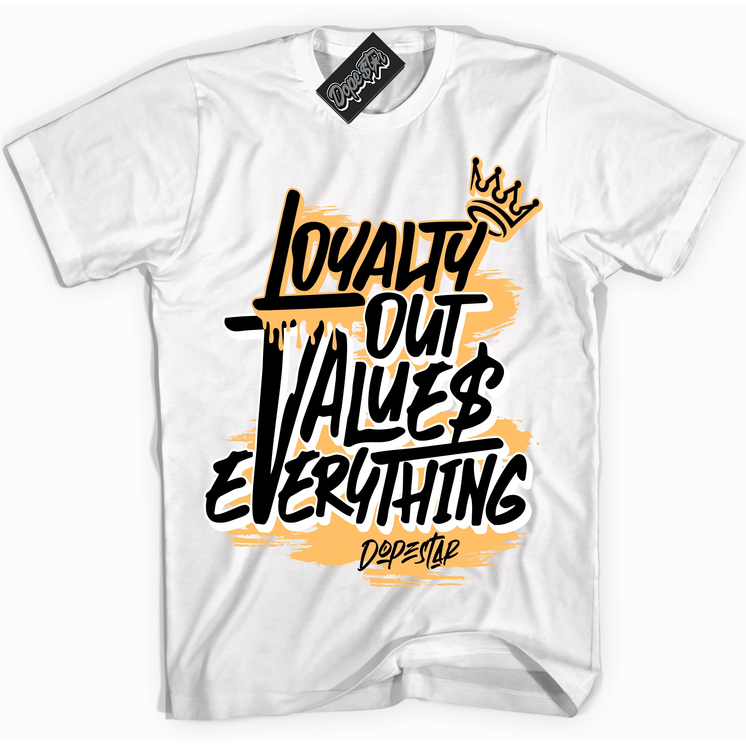 Cool White Shirt with “ Loyalty Out Values Everything” design that perfectly matches Yellow Ochre 1s Sneakers.