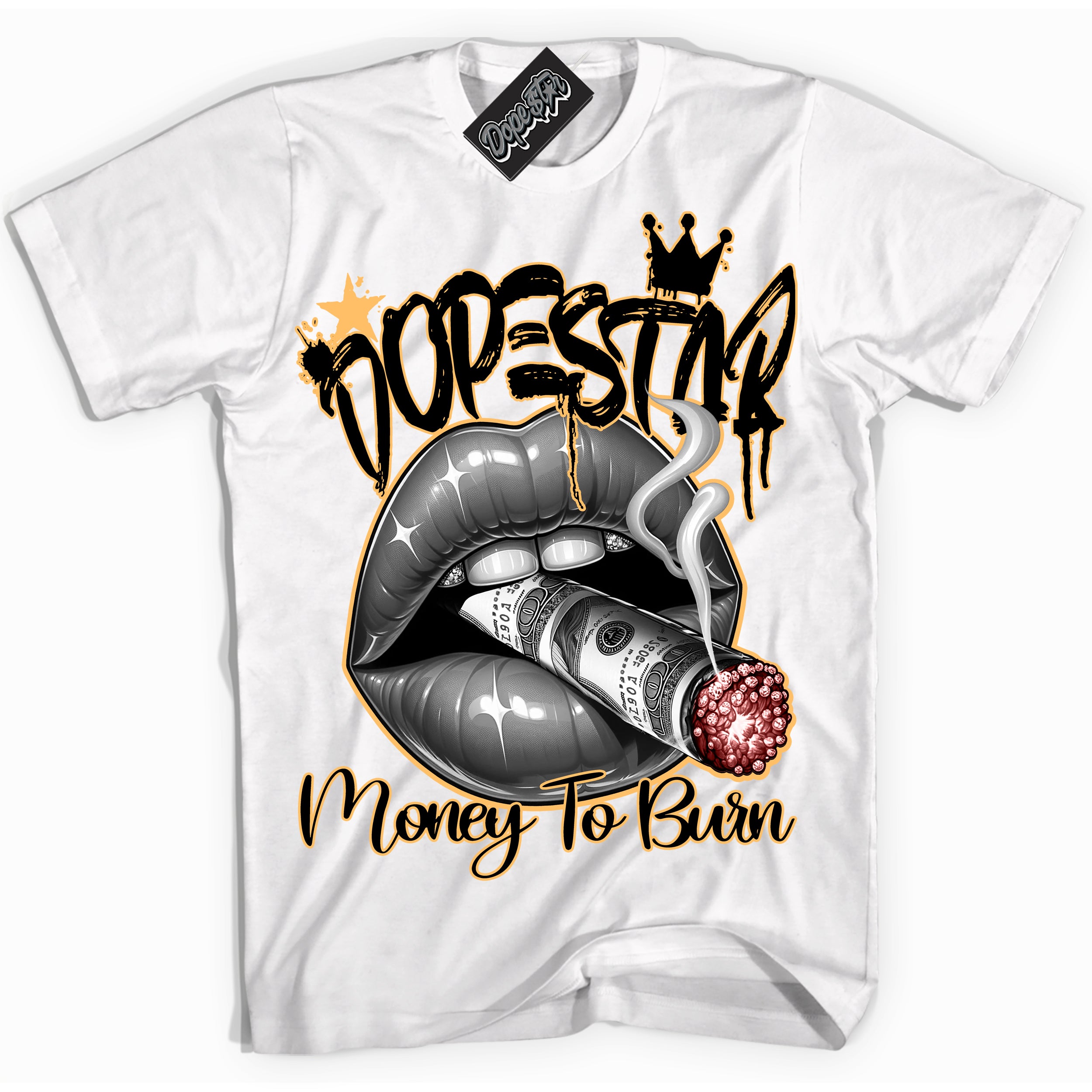 Cool White Shirt with “ Money To Burn” design that perfectly matches Yellow Ochre 1s Sneakers.