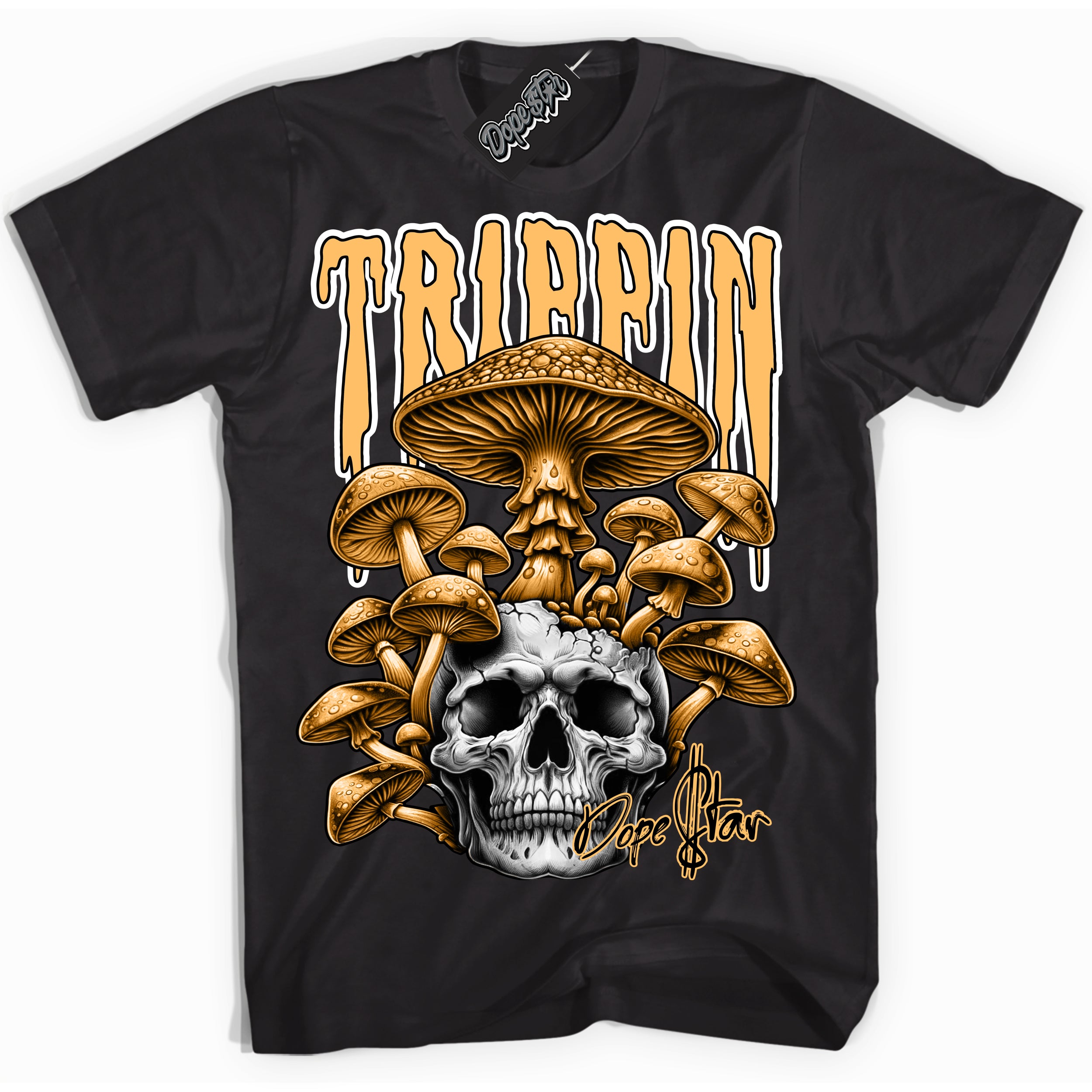 Cool Black Shirt with “Trippin” design that perfectly matches the Yellow Ochre 1s Sneakers.