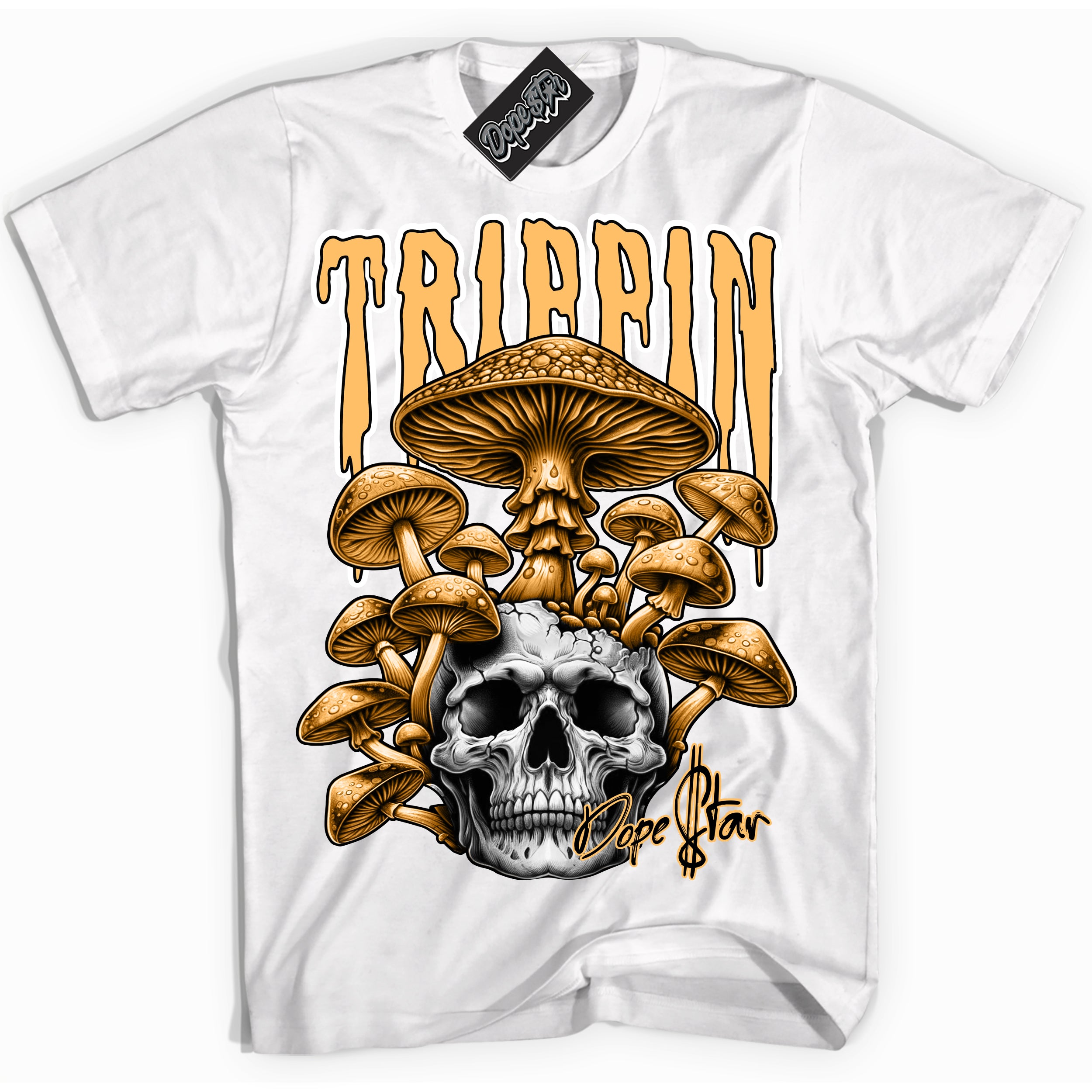 Cool White Shirt with “Trippin” design that perfectly matches the Yellow Ochre 1s Sneakers.