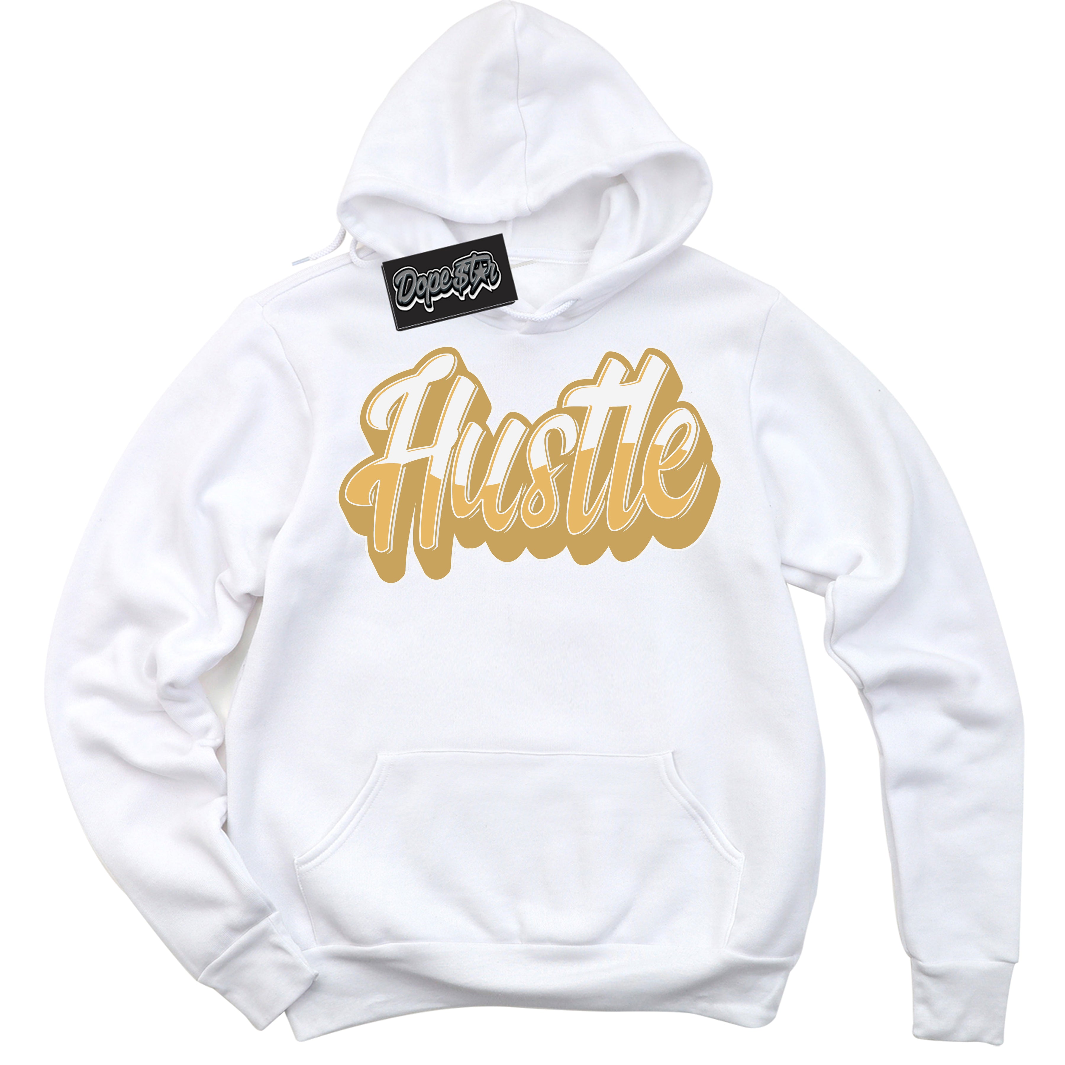 Cool White Hoodie with “ Hustle ”  design that Perfectly Matches Method of Make Sail Metallic Gold 1s Jordans.