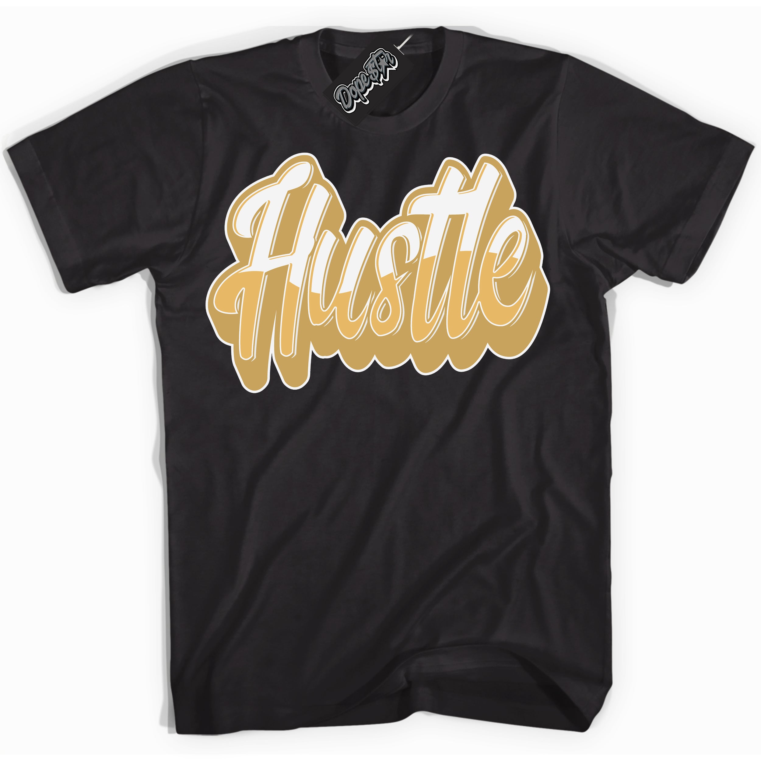 Cool Black Shirt with “ Hustle ” design that perfectly matches Method of Make Sail Metallic Gold 1s Jordans.