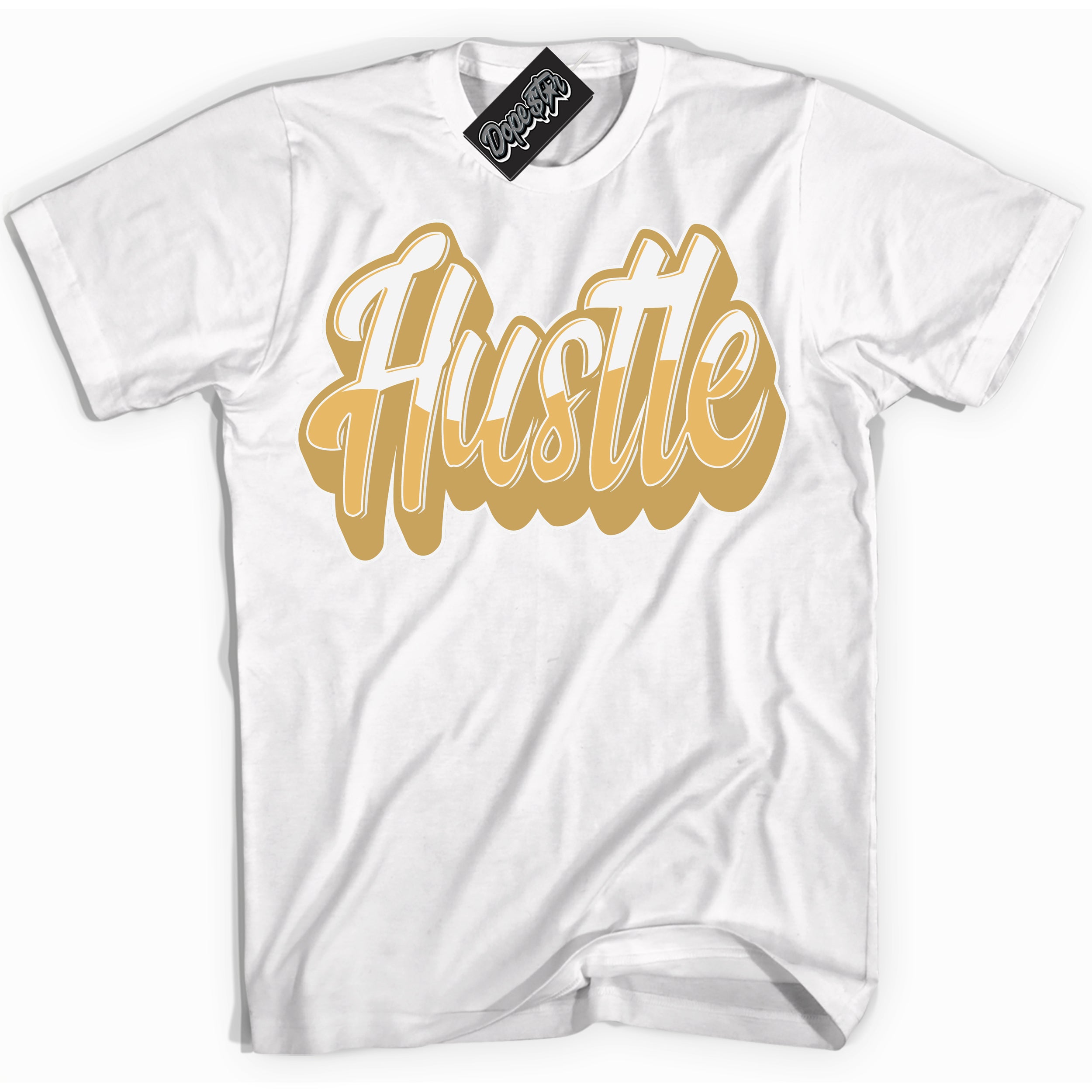 Cool White Shirt with “ Hustle ” design that perfectly matches Method of Make Sail Metallic Gold 1s Jordans.