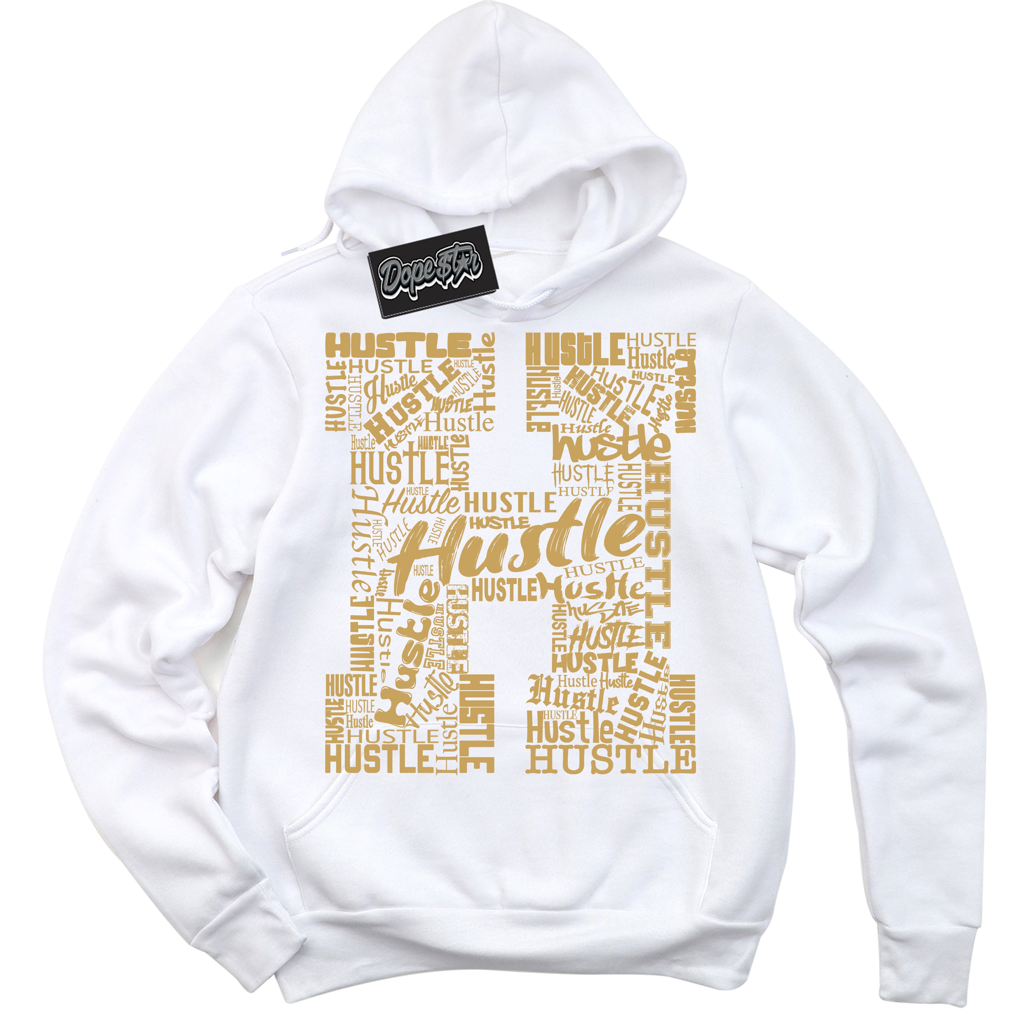 Cool White Hoodie with “ Hustle H ” design that Perfectly Matches Method of Make Sail Metallic Gold 1s Jordans.