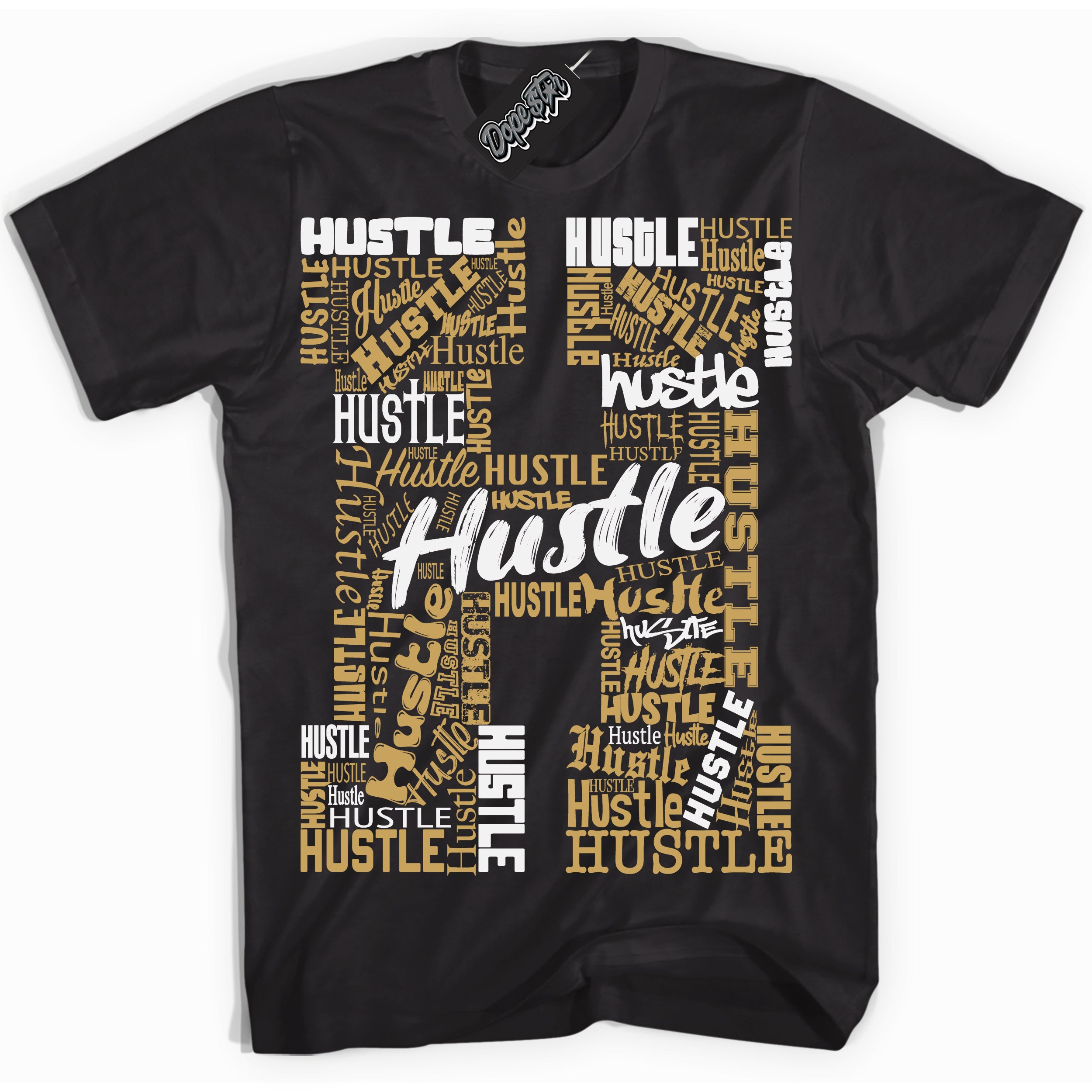 Cool Black Shirt with “ Hustle H ” design that perfectly matches Method of Make Sail Metallic Gold 1s Jordans.