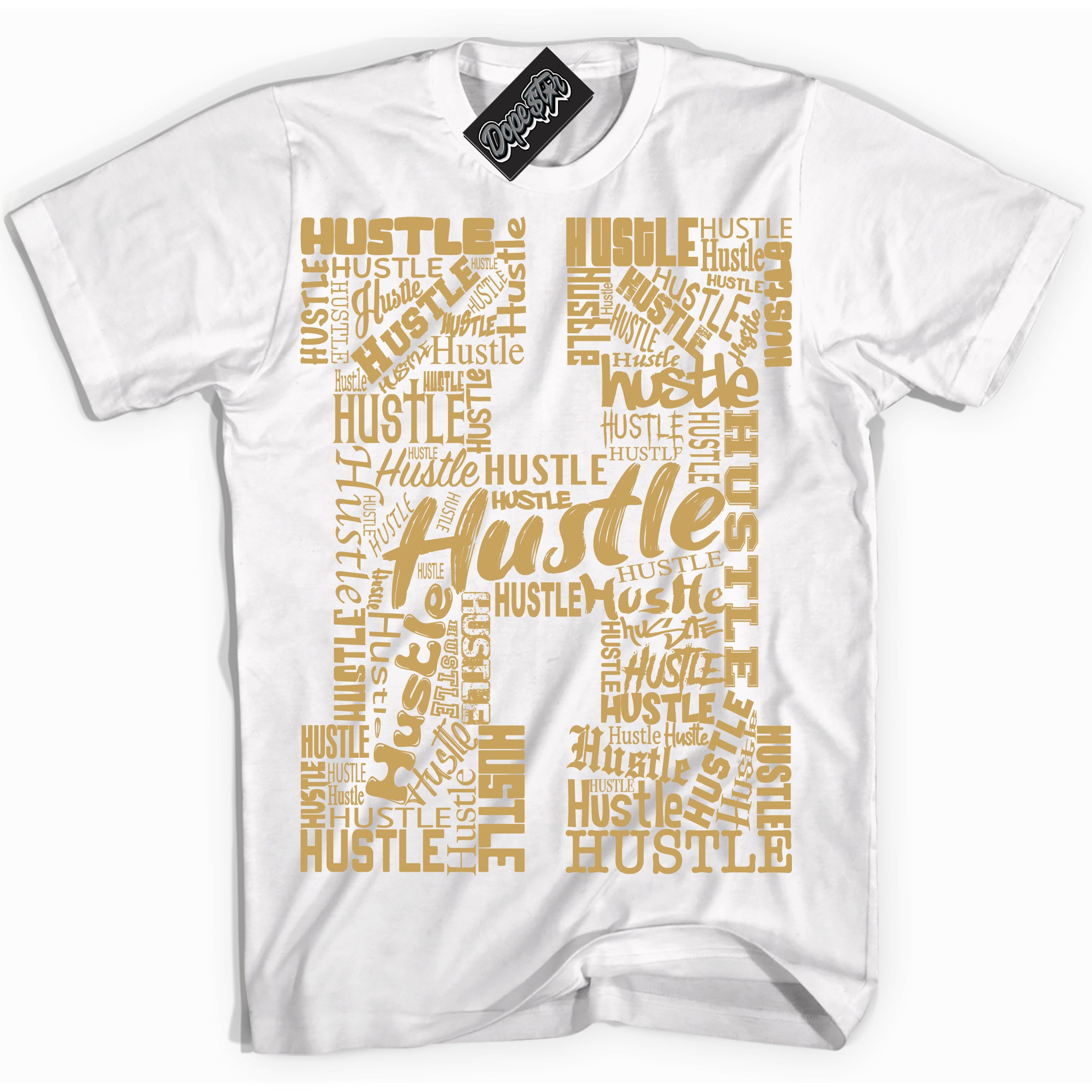 Cool White Shirt with “ Hustle H ” design that perfectly matches Method of Make Sail Metallic Gold 1s Jordans.