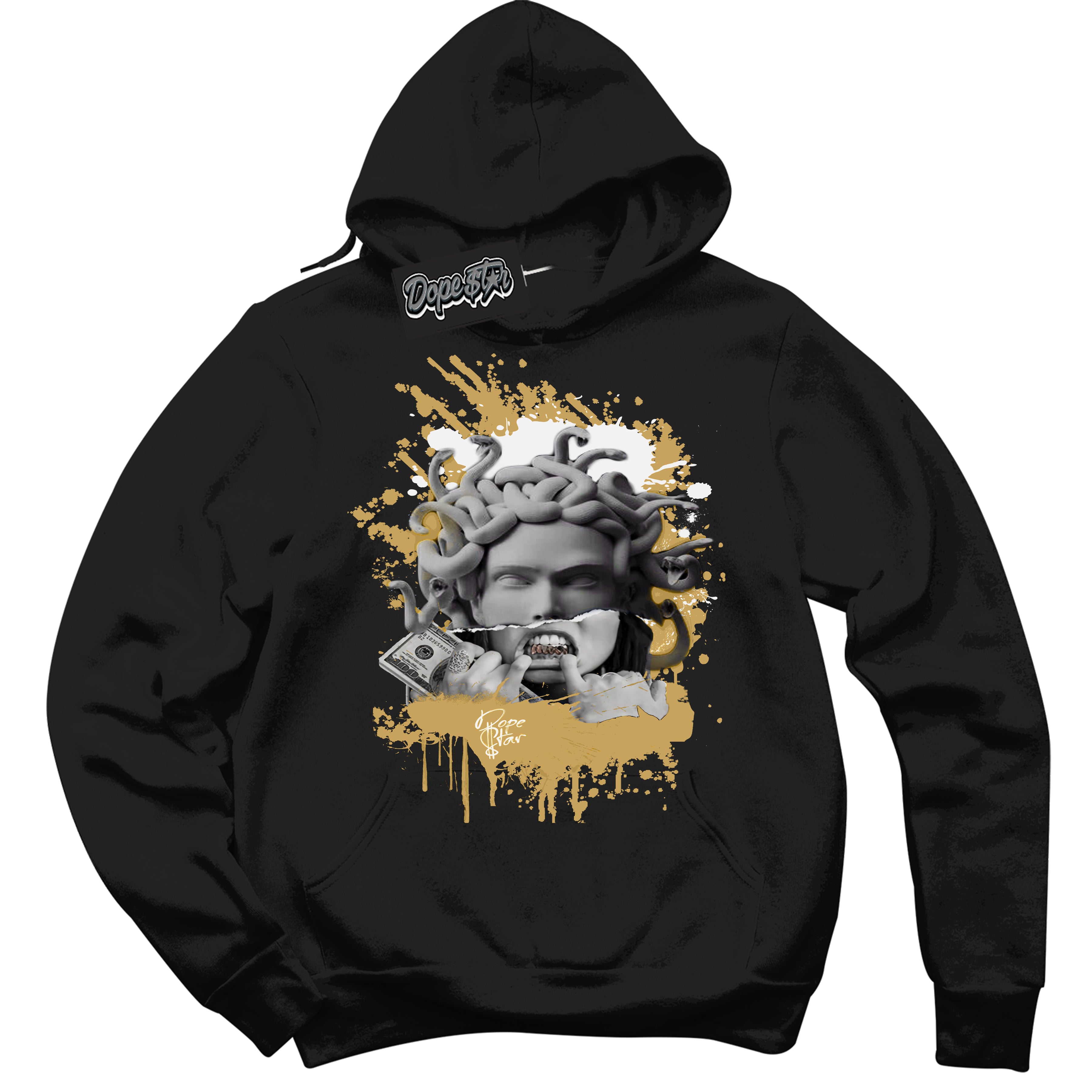 Cool Black Hoodie with “ Medusa ”  design that Perfectly Matches Method of Make Sail Metallic Gold 1s Jordans.