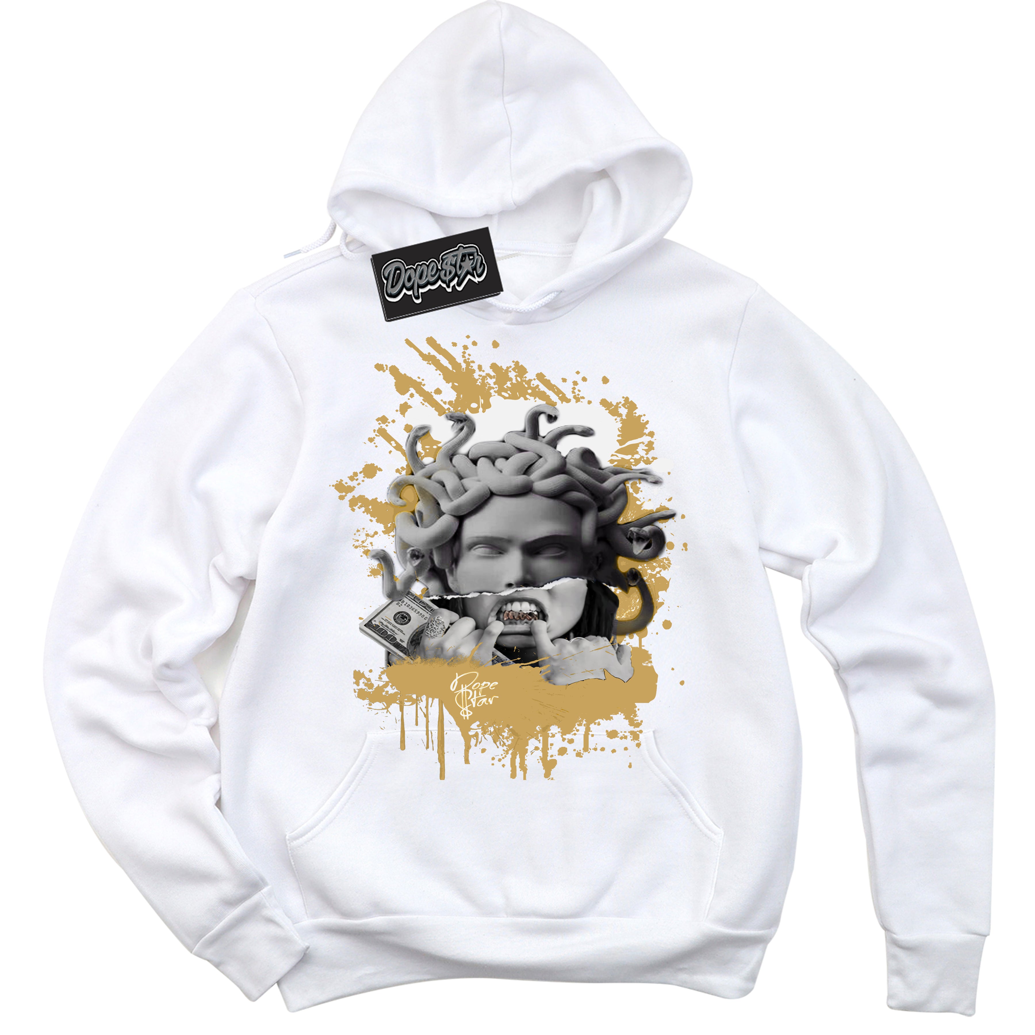 Cool White Hoodie with “ Medusa ”  design that Perfectly Matches Method of Make Sail Metallic Gold 1s Jordans.