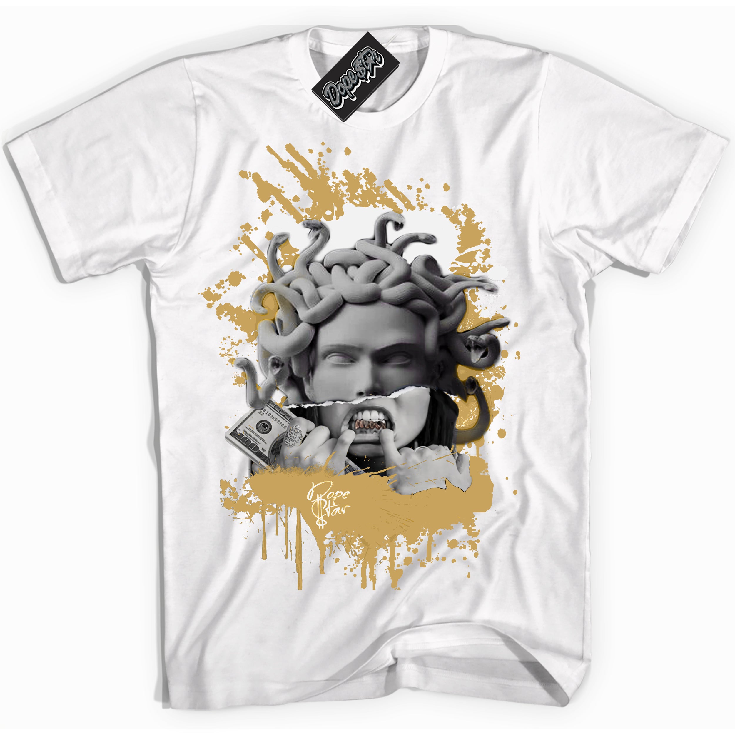 Cool White Shirt with “ Medusa ” design that perfectly matches Method of Make Sail Metallic Gold 1s Jordans.